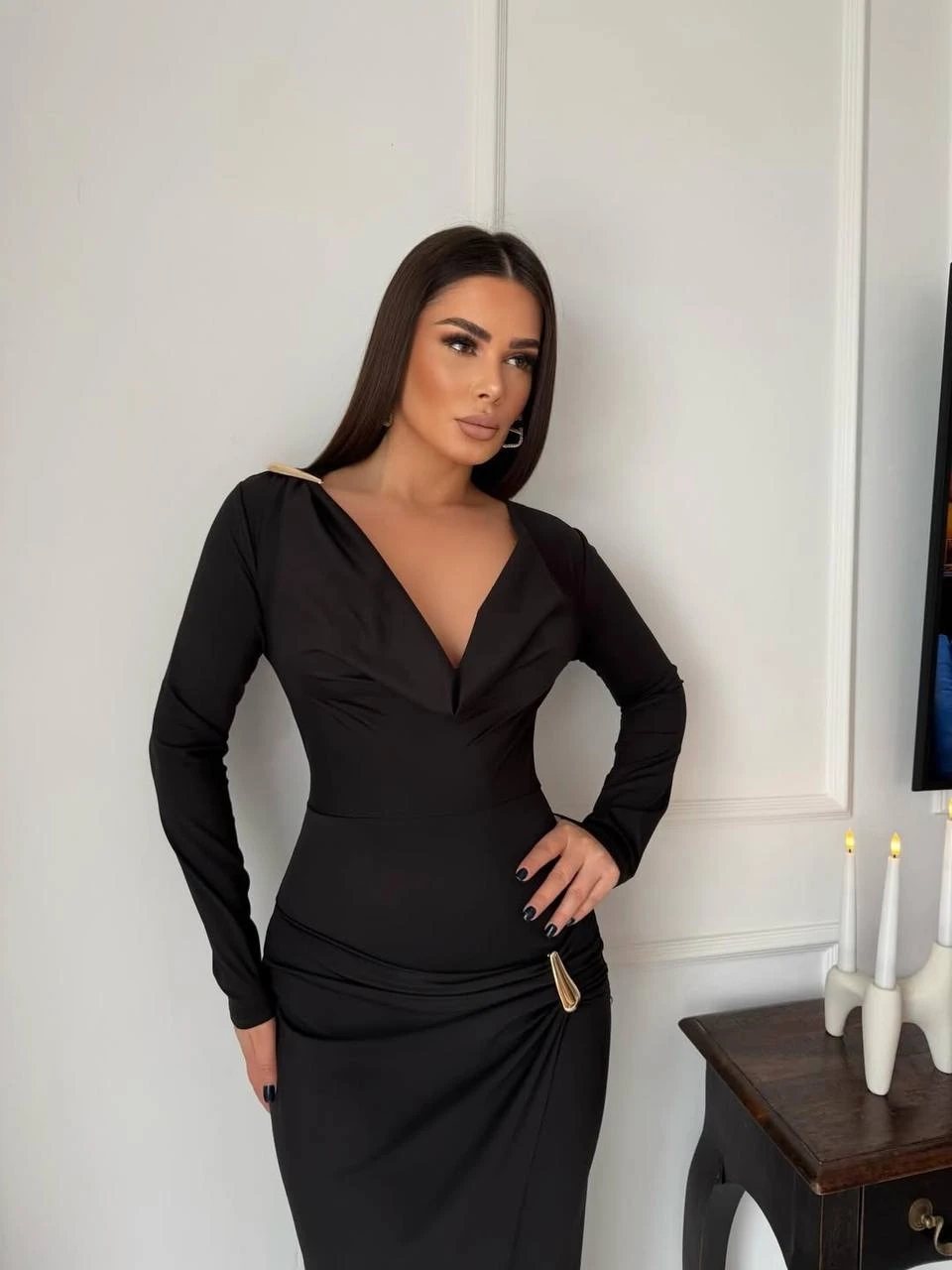 Modal Kumaş Metal Aksesuar Detay Maxi Elbise