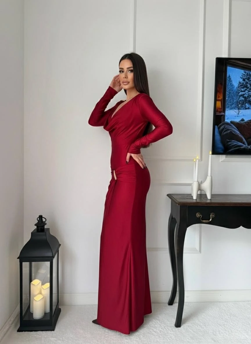 Modal Kumaş Metal Aksesuar Detay Maxi Elbise