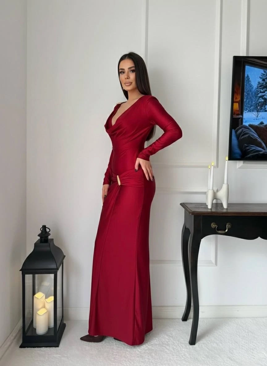 Modal Kumaş Metal Aksesuar Detay Maxi Elbise