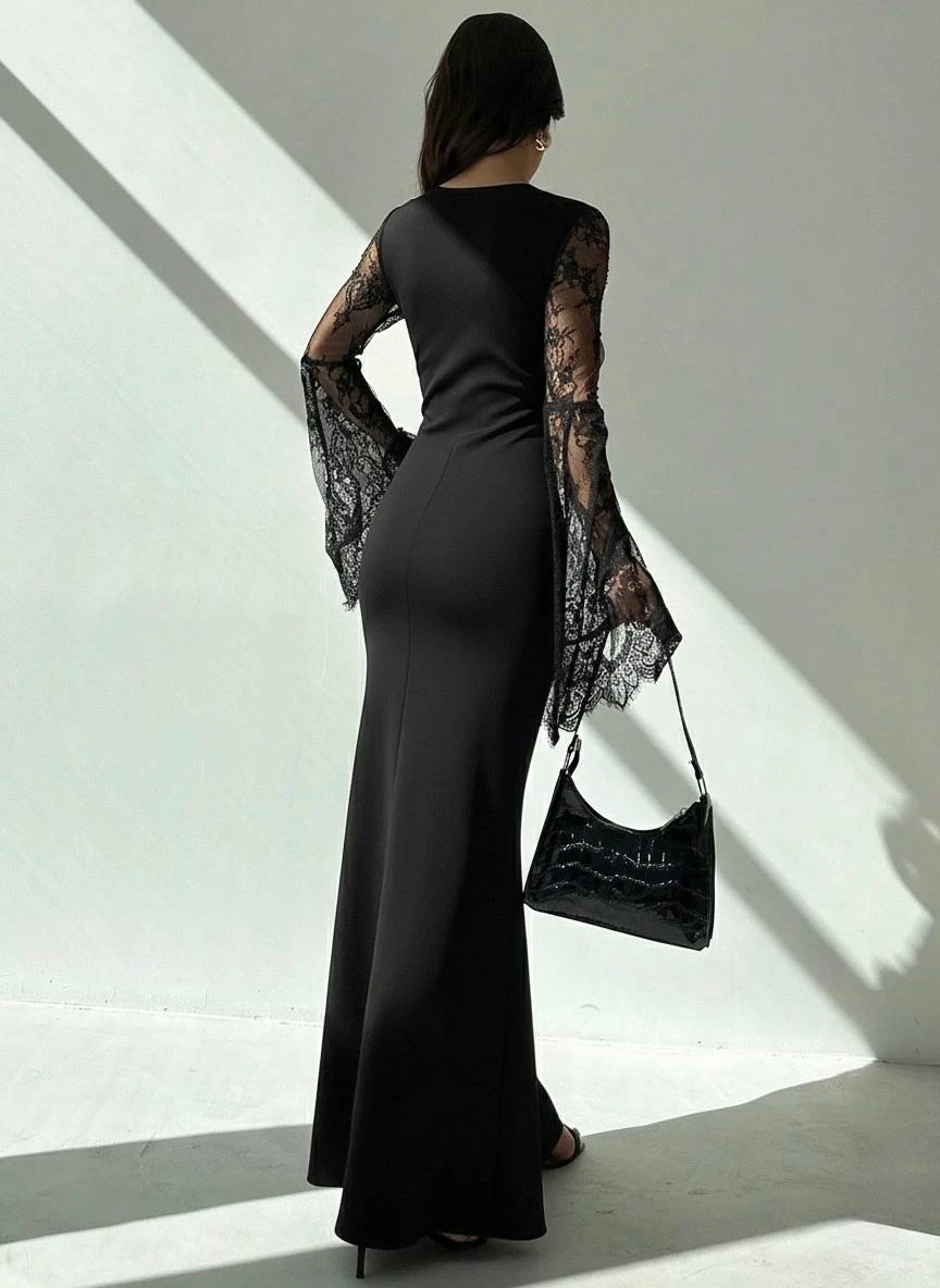 Modal Kumaş Saçaklı Dantel Detay Maxi Elbise