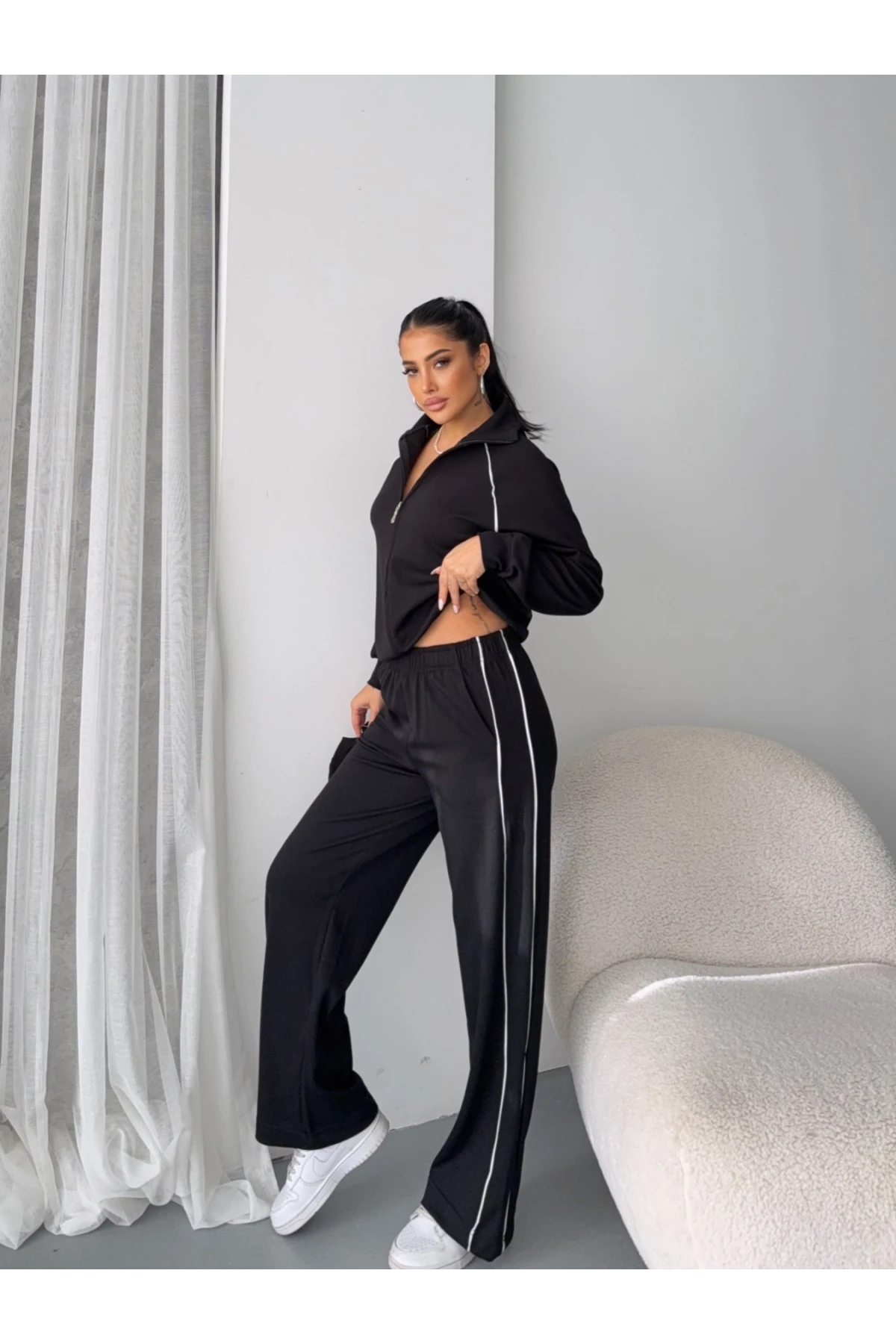 Modal Kumaş Şerit Detaylı Takım Siyah