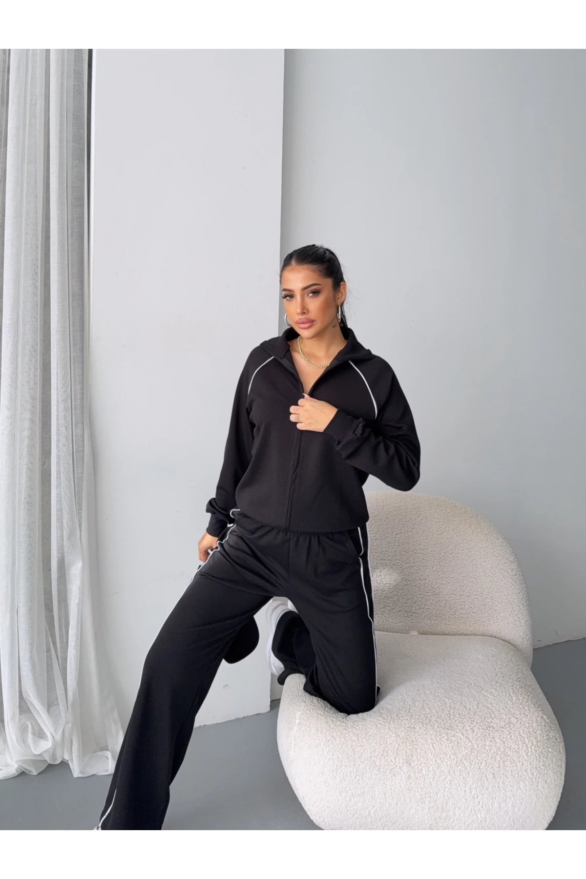 Modal Kumaş Şerit Detaylı Takım Siyah