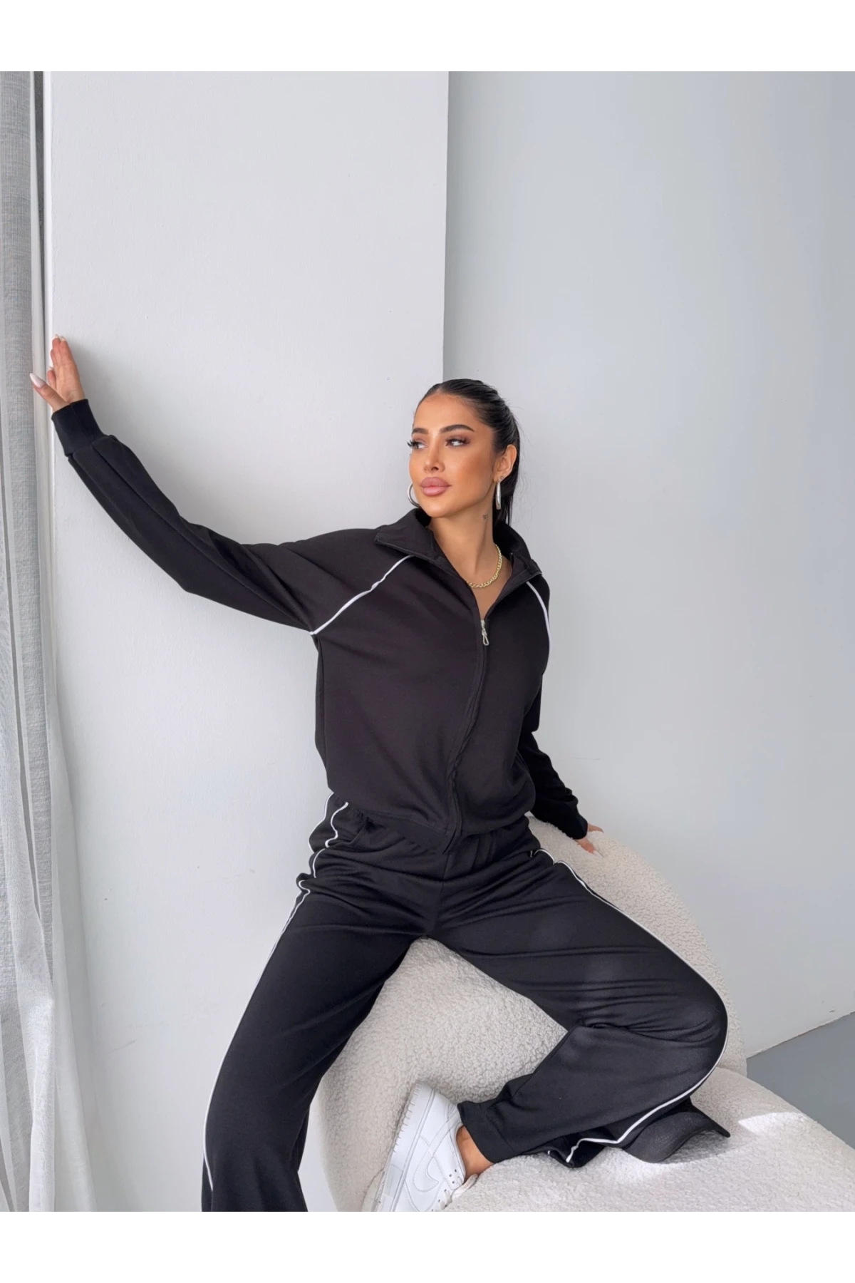 Modal Kumaş Şerit Detaylı Takım Siyah
