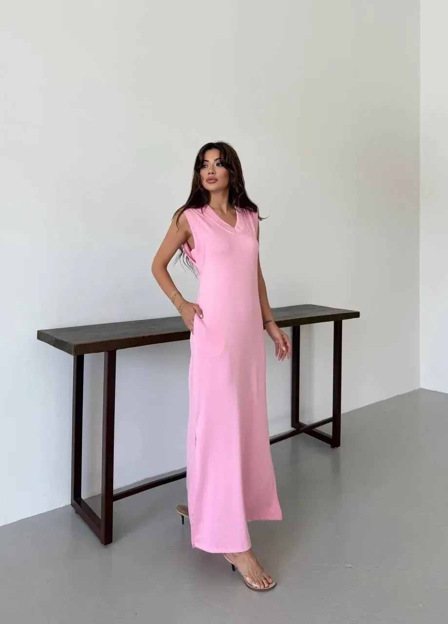 Modal Kumaş V Yaka Yırtmaçlı Elbise Pembe