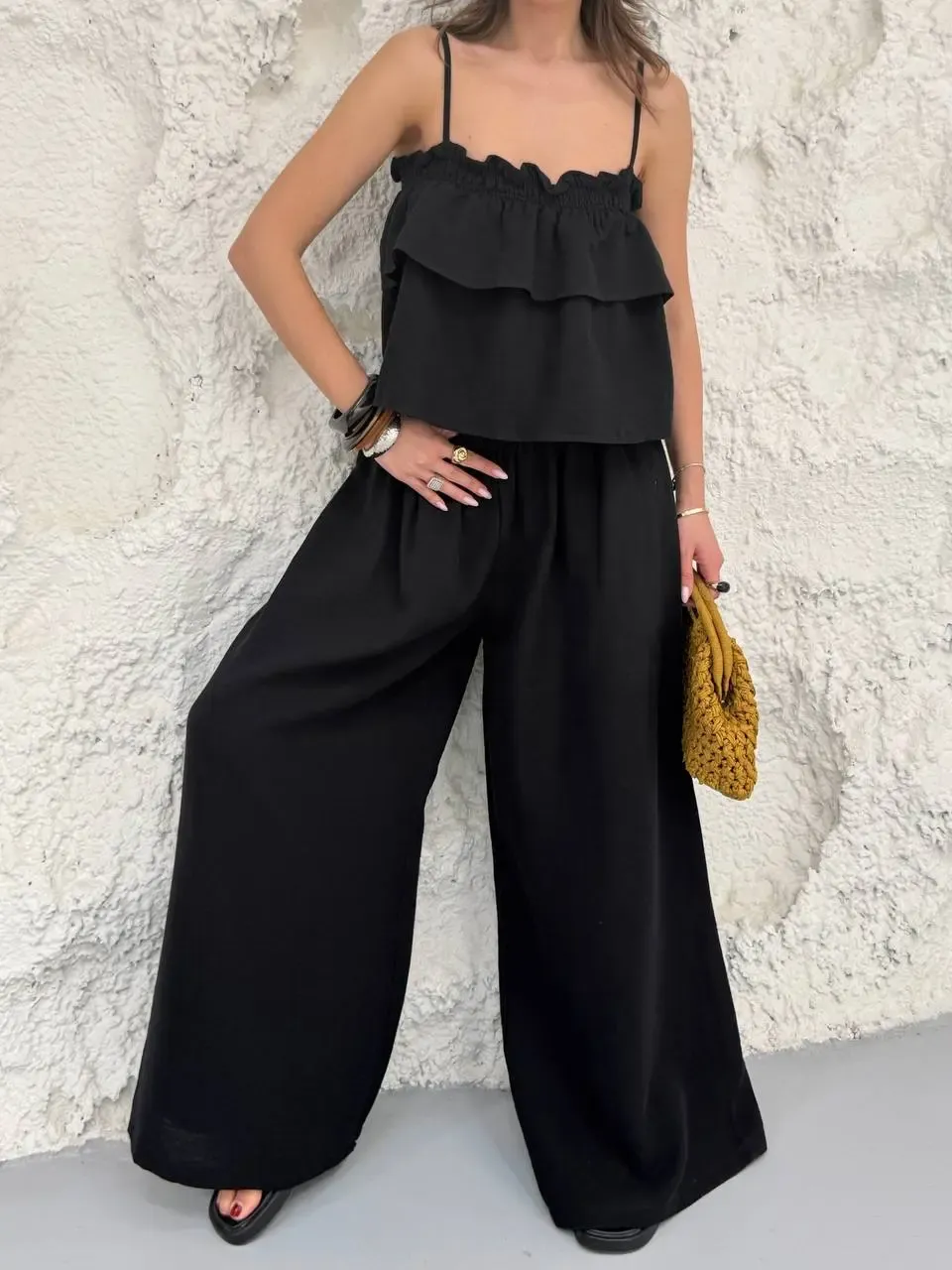 Müslin Kumaş Pantalon ve Askılı Bluz Alt Üst Takım