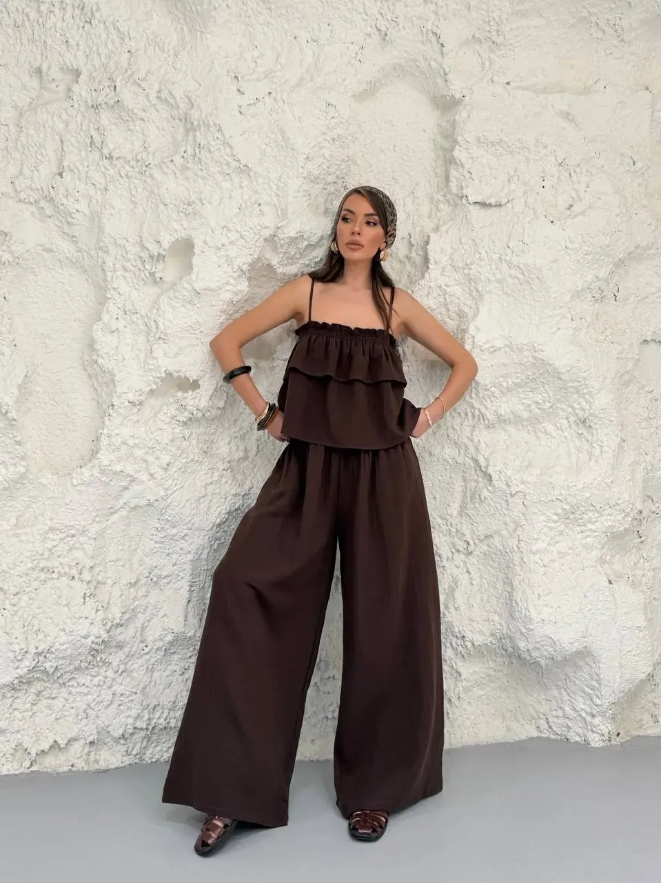Müslin Kumaş Pantalon ve Askılı Bluz Alt Üst Takım