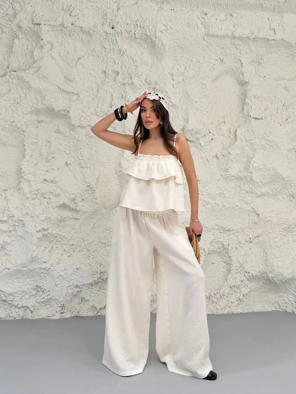 Müslin Kumaş Pantalon ve Askılı Bluz Alt Üst Takım