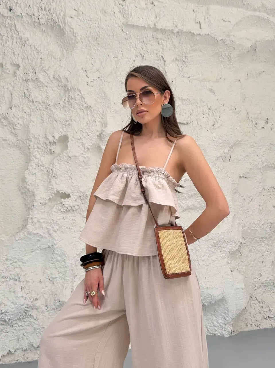 Müslin Kumaş Pantalon ve Askılı Bluz Alt Üst Takım