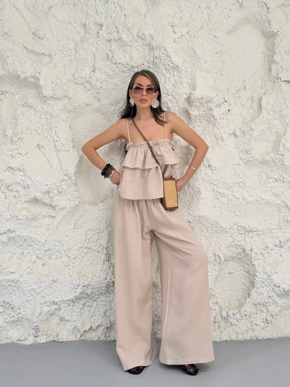 Müslin Kumaş Pantalon ve Askılı Bluz Alt Üst Takım
