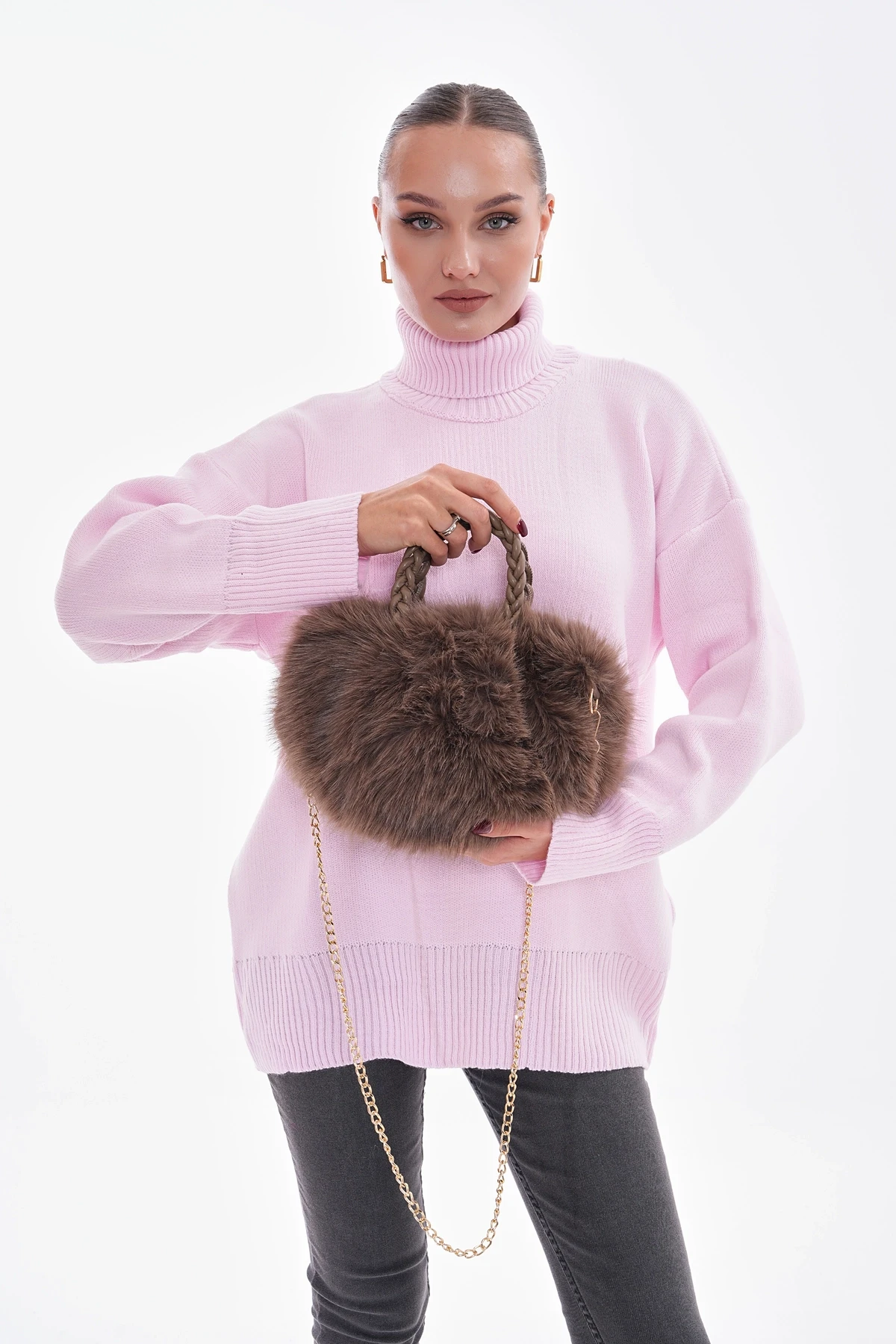 NWC-002 Pu Deri Saplı Vizon Peluş Çanta