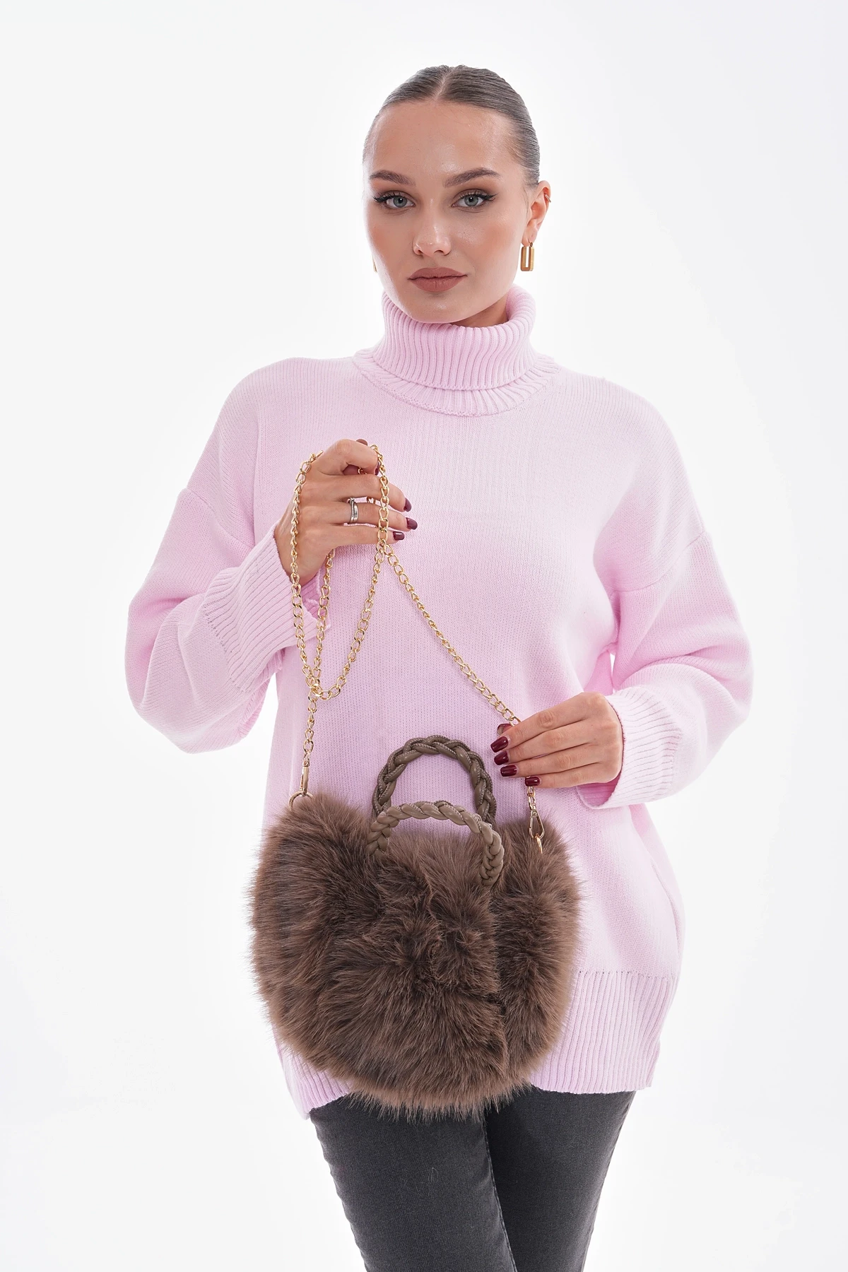 NWC-002 Pu Deri Saplı Vizon Peluş Çanta