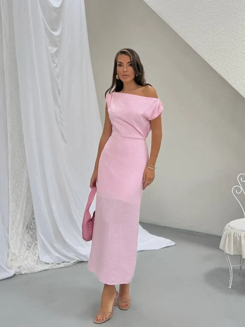 Omuz Detay Keten Elbise Pembe
