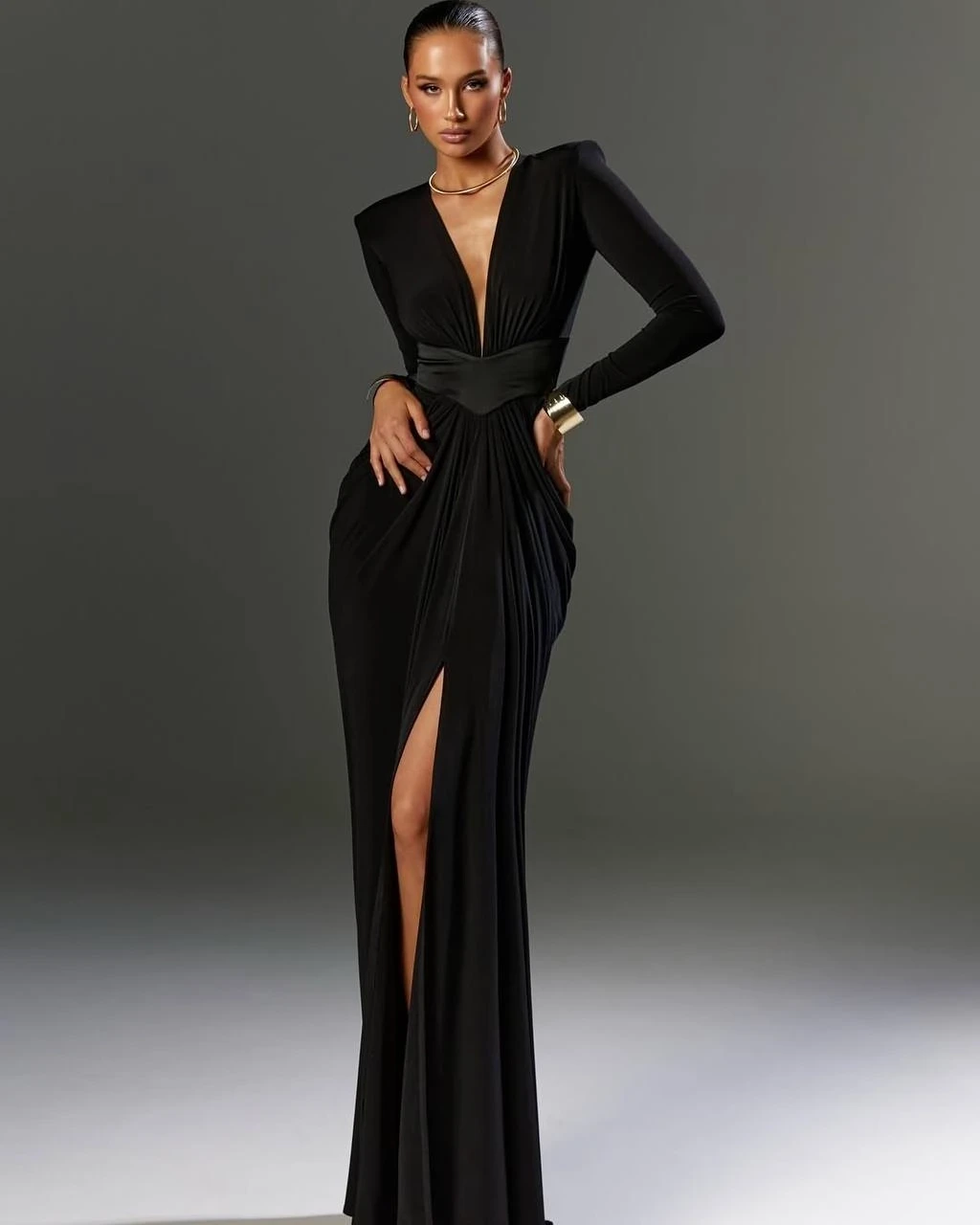 Omuz Vatkalı Drapeli Maxi Boy Elbise