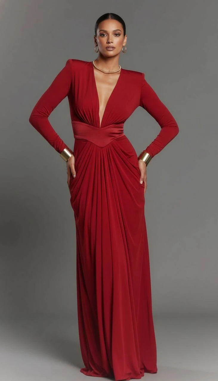 Omuz Vatkalı Drapeli Maxi Boy Elbise