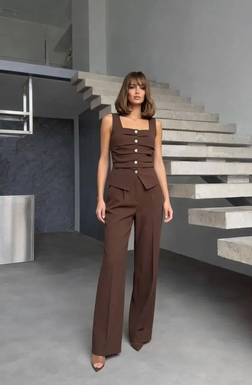 Ön Detay Yelekli Pantalon Takım Kahve