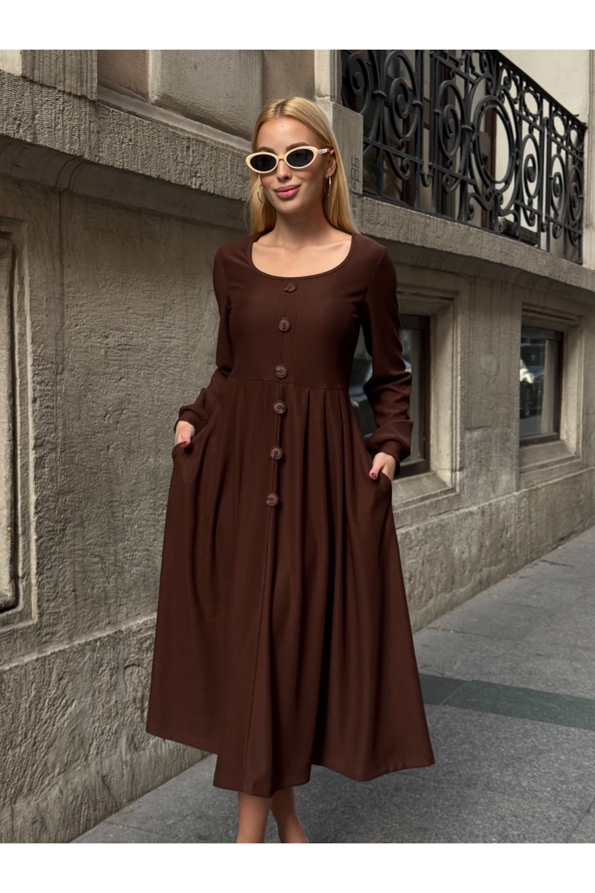 Ottoman Kumaş Düğme Detay Elbise Kahverengi