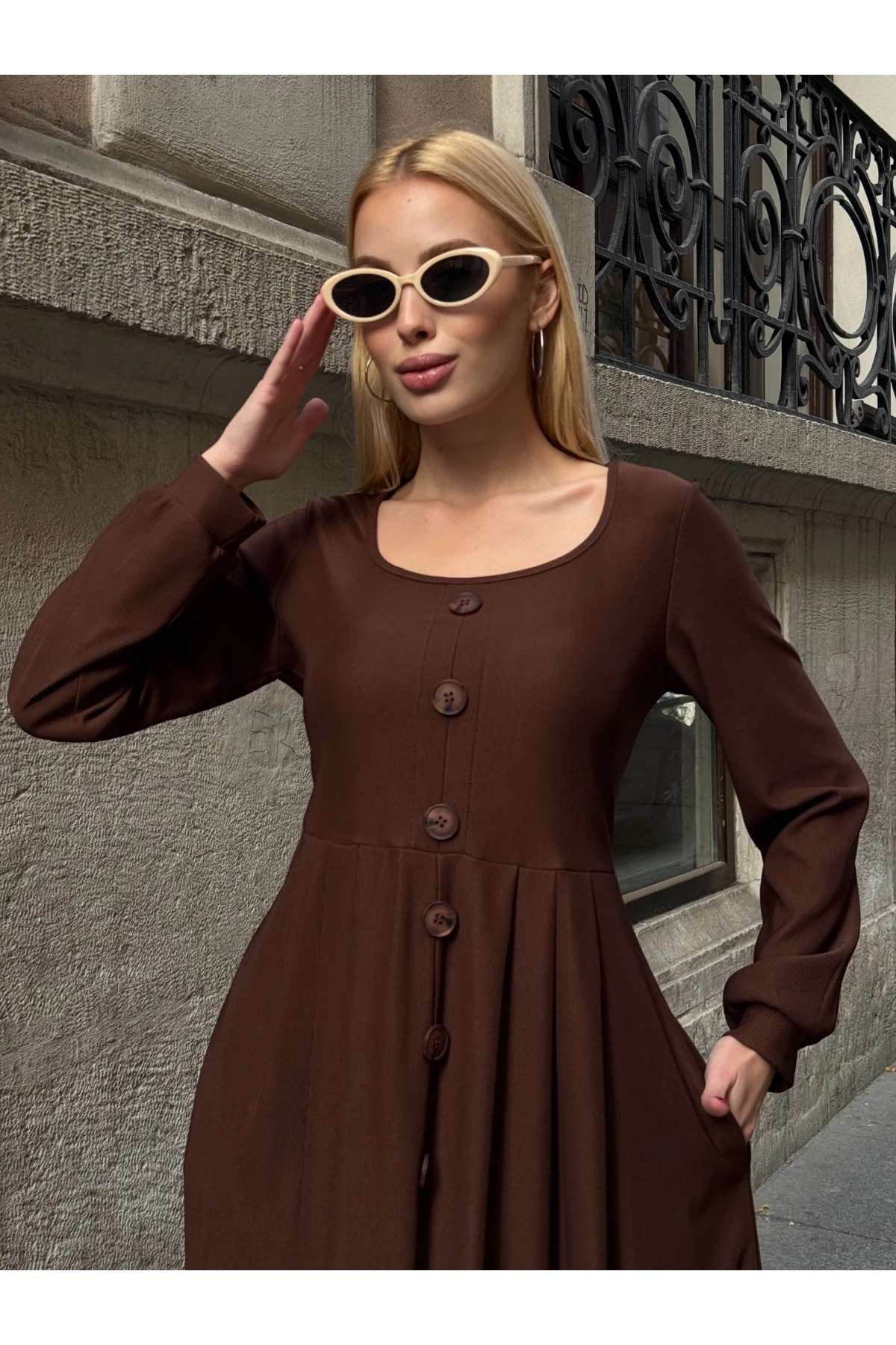 Ottoman Kumaş Düğme Detay Elbise Kahverengi