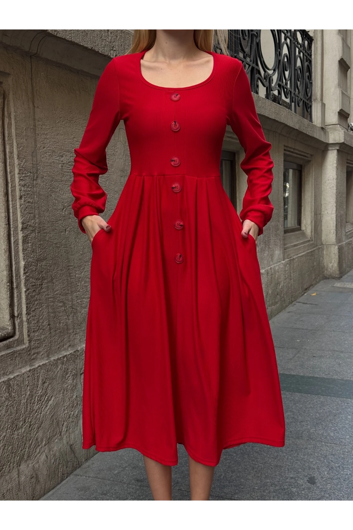 Ottoman Kumaş Düğme Detay Elbise Kırmızı