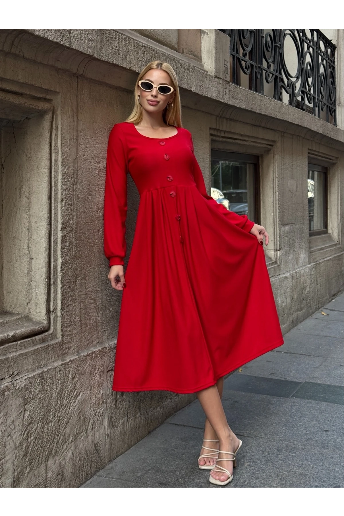 Ottoman Kumaş Düğme Detay Elbise Kırmızı