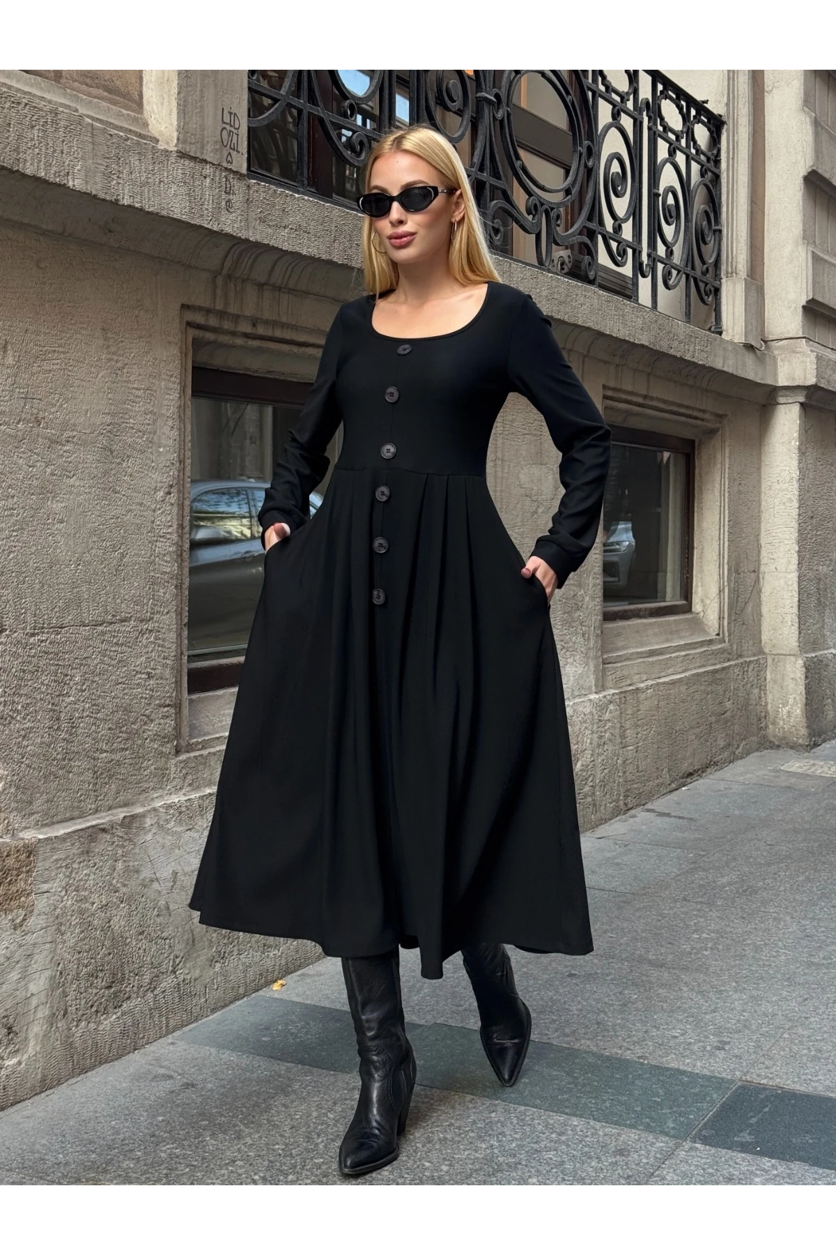 Ottoman Kumaş Düğme Detay Elbise Siyah
