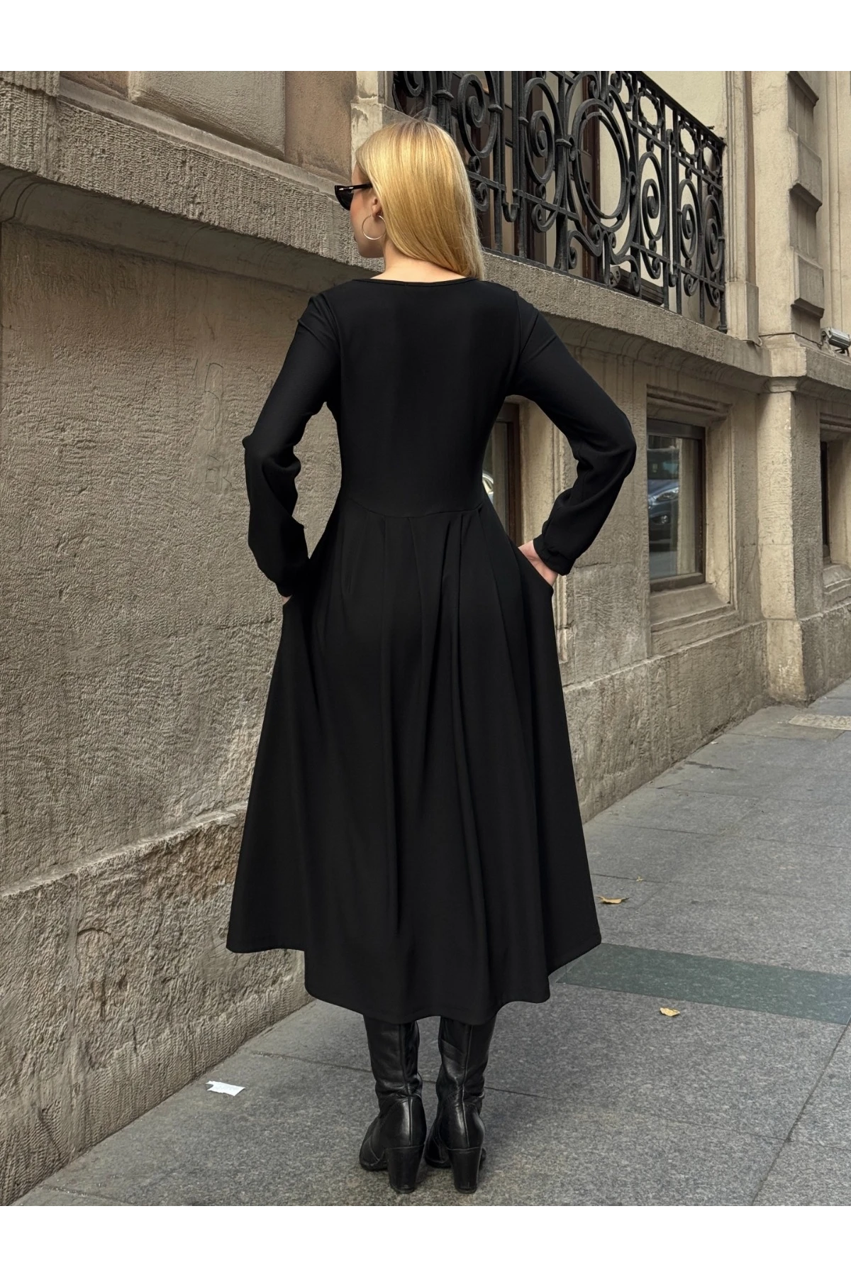 Ottoman Kumaş Düğme Detay Elbise Siyah