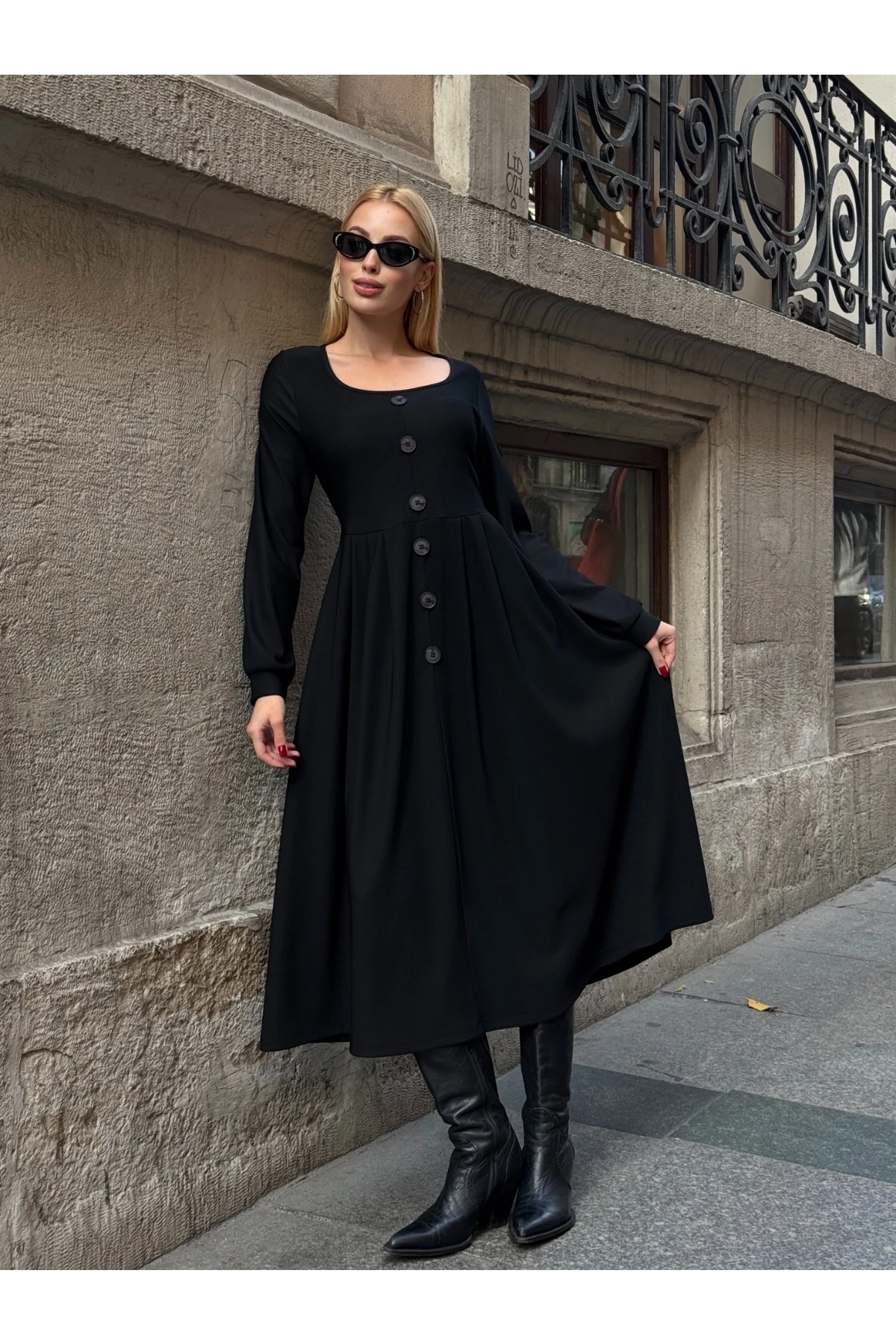 Ottoman Kumaş Düğme Detay Elbise Siyah