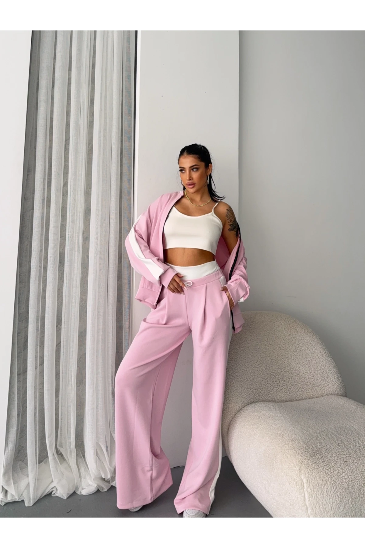 Oysh Kumaş Bel Lastikli Alt Üst Crop Üçlü Takım Pudra
