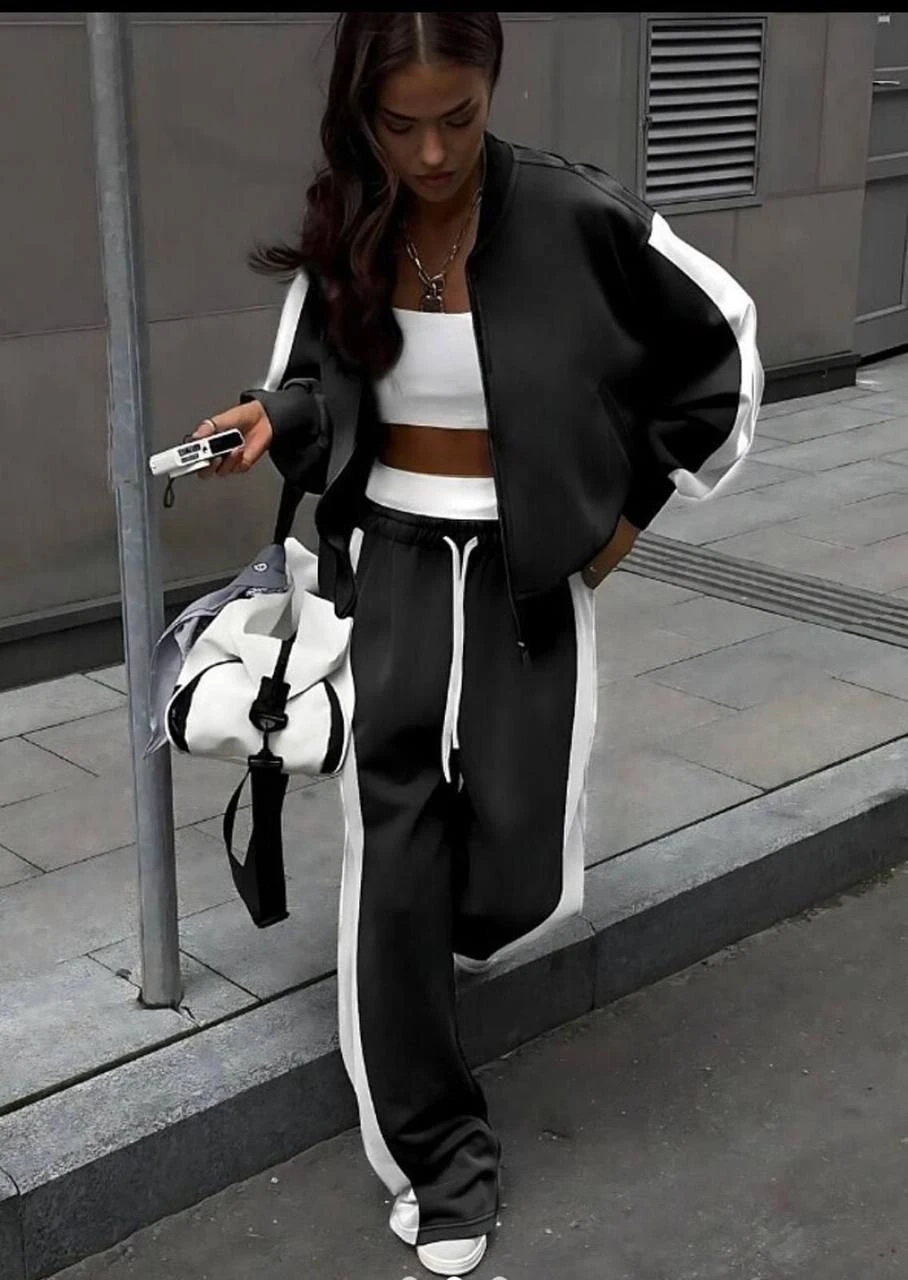 Oysh Kumaş Bel Lastikli Alt Üst Crop Üçlü Takım Siyah