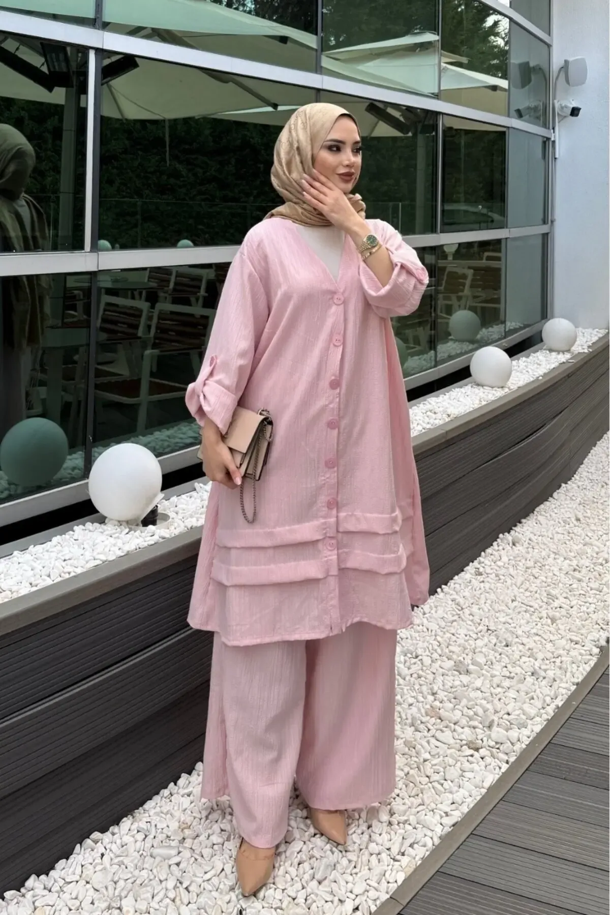 Pembe Keten Gömlek Alt Üst Takım