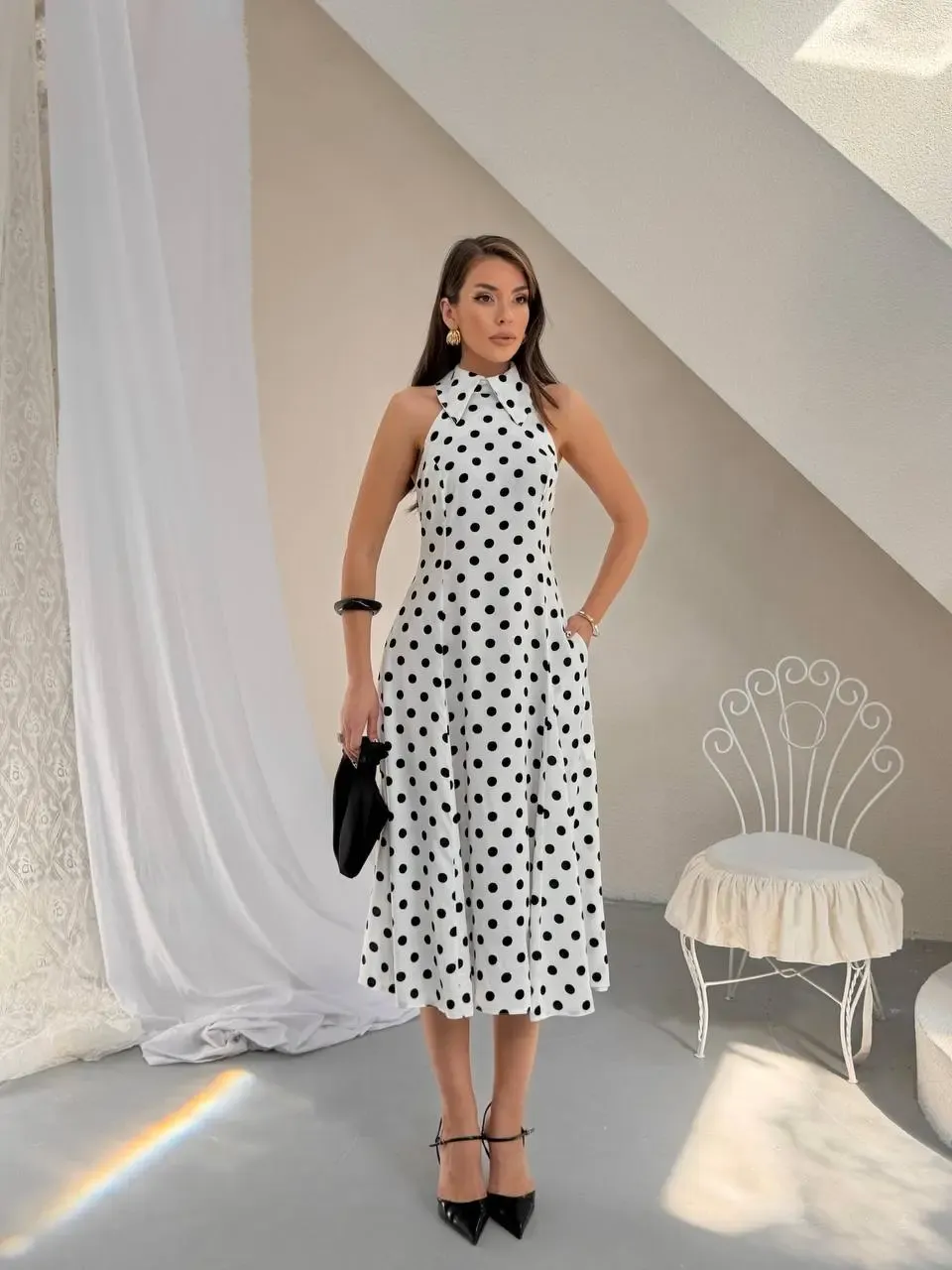 Puantiye Desen Sırt Detay Midi Boy Elbise Beyaz