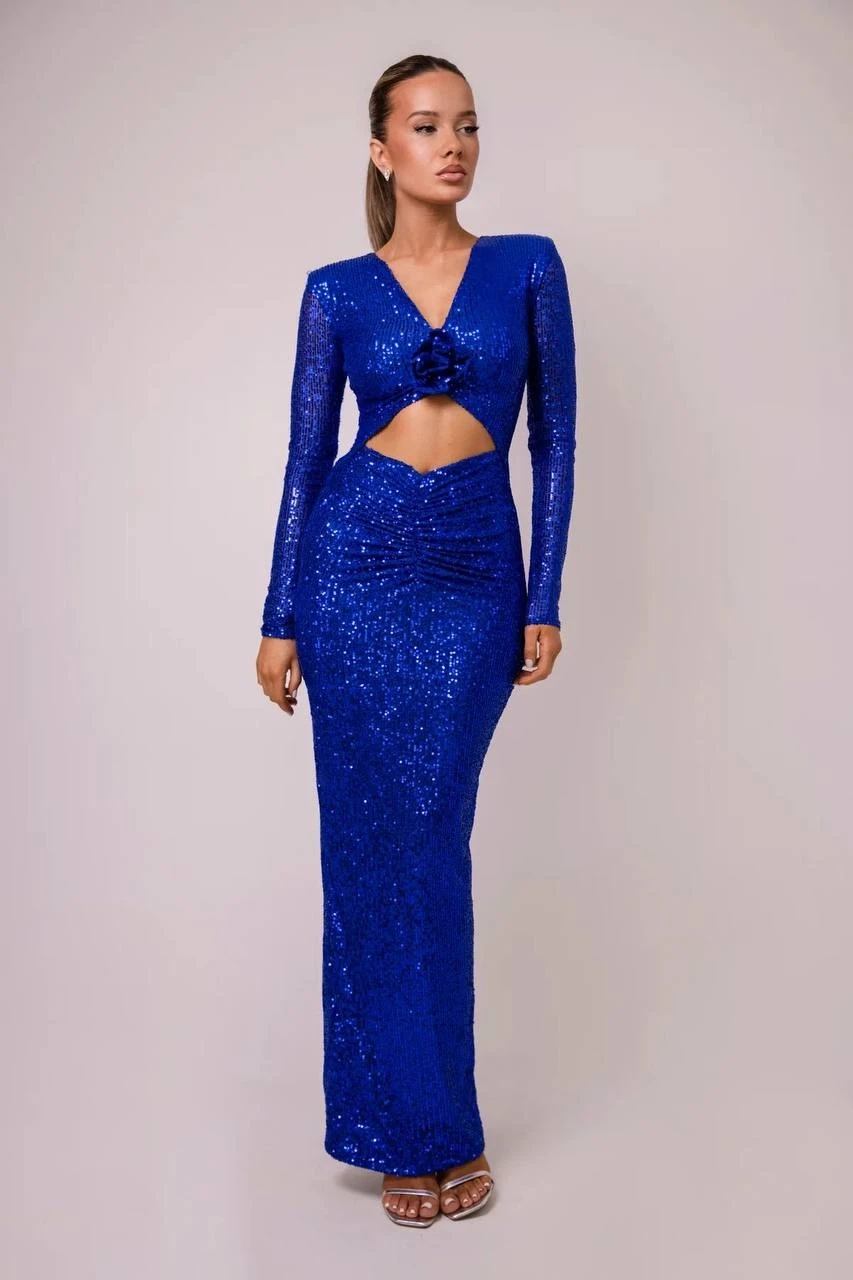 Pulpayet Kumaş Full Astarlı Maxi Boy Elbise Lacivert