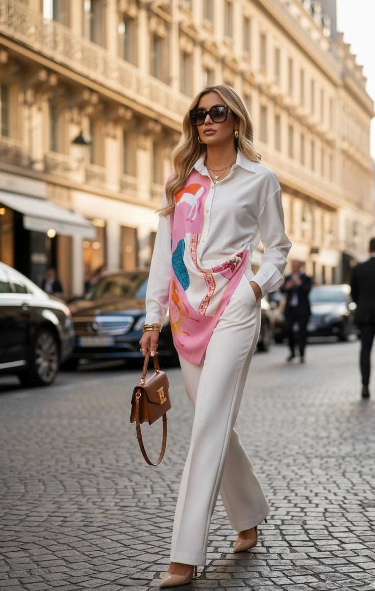 Şal Detaylı Asimetrik Kesim Gömlek