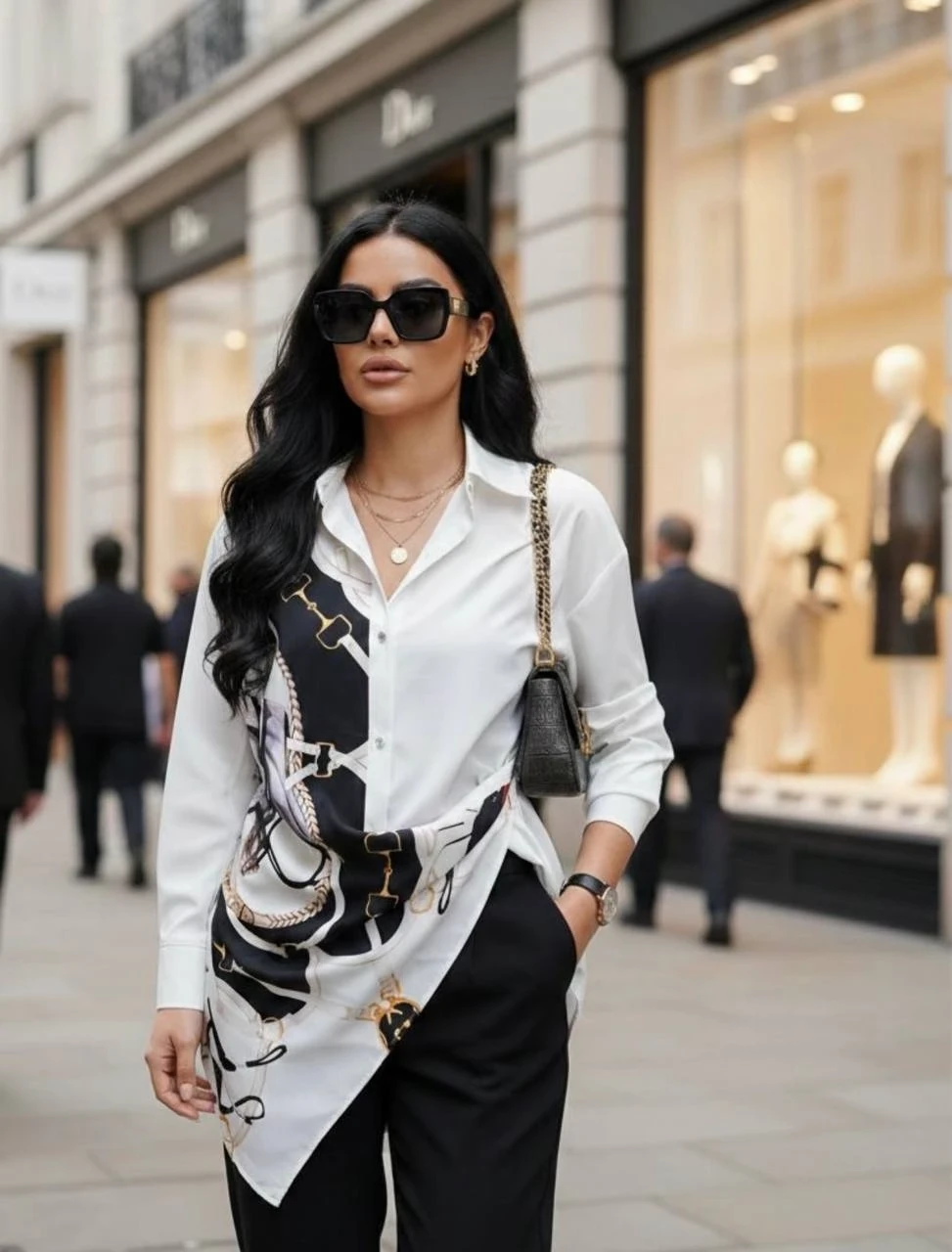 Şal Detaylı Asimetrik Kesim Gömlek