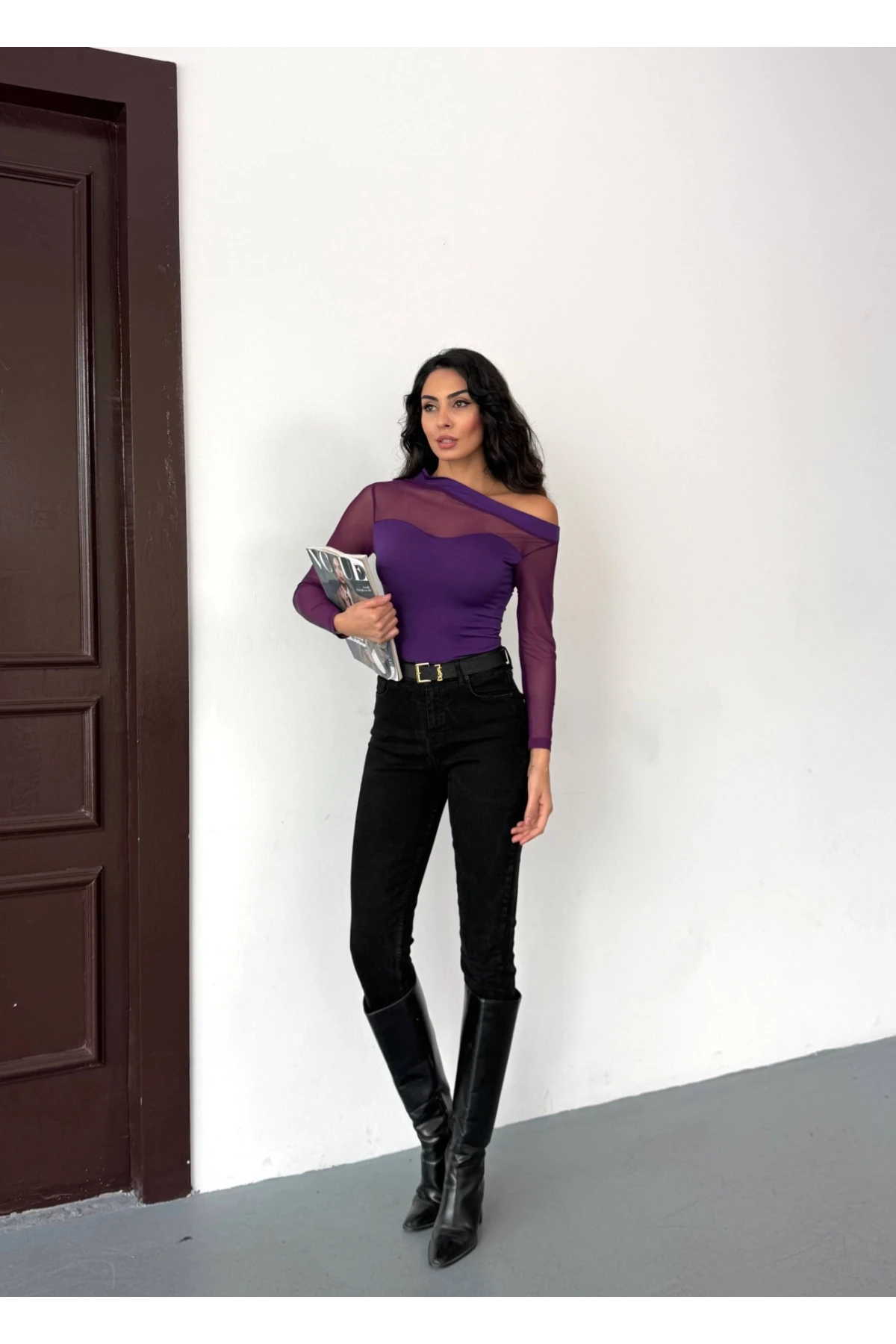 Sandy Kumaş Tül Detay Bluz Mor