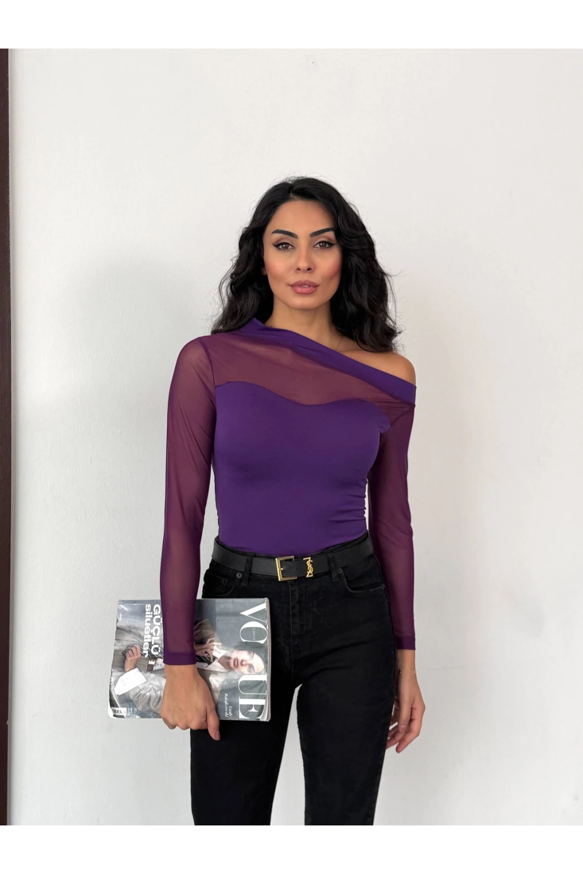 Sandy Kumaş Tül Detay Bluz Mor