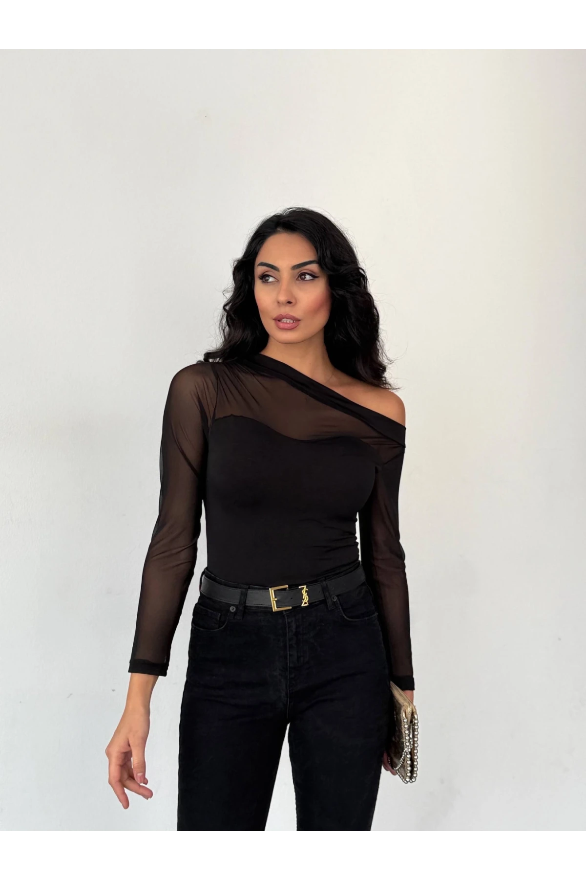 Sandy Kumaş Tül Detay Bluz Siyah