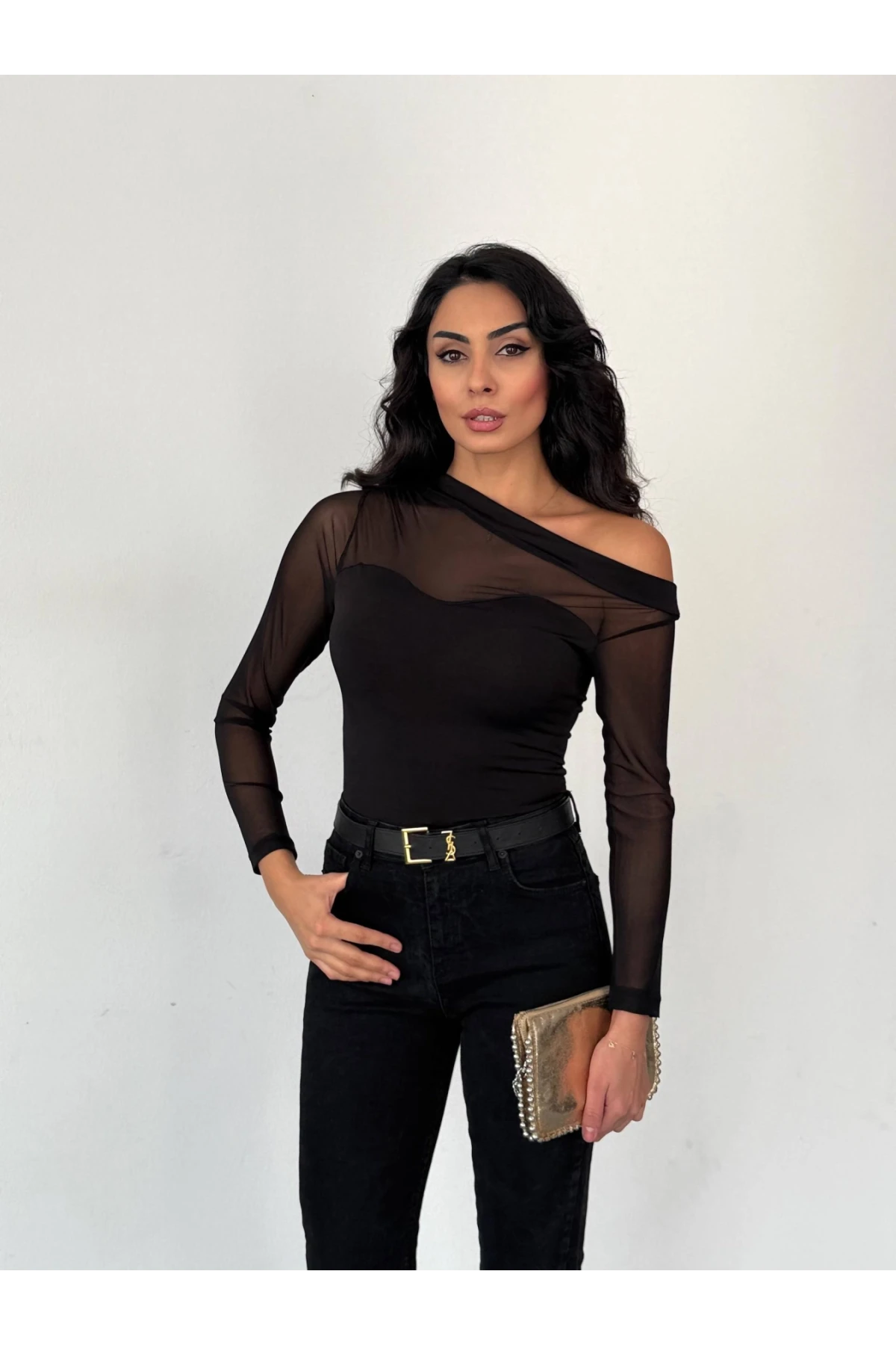 Sandy Kumaş Tül Detay Bluz Siyah