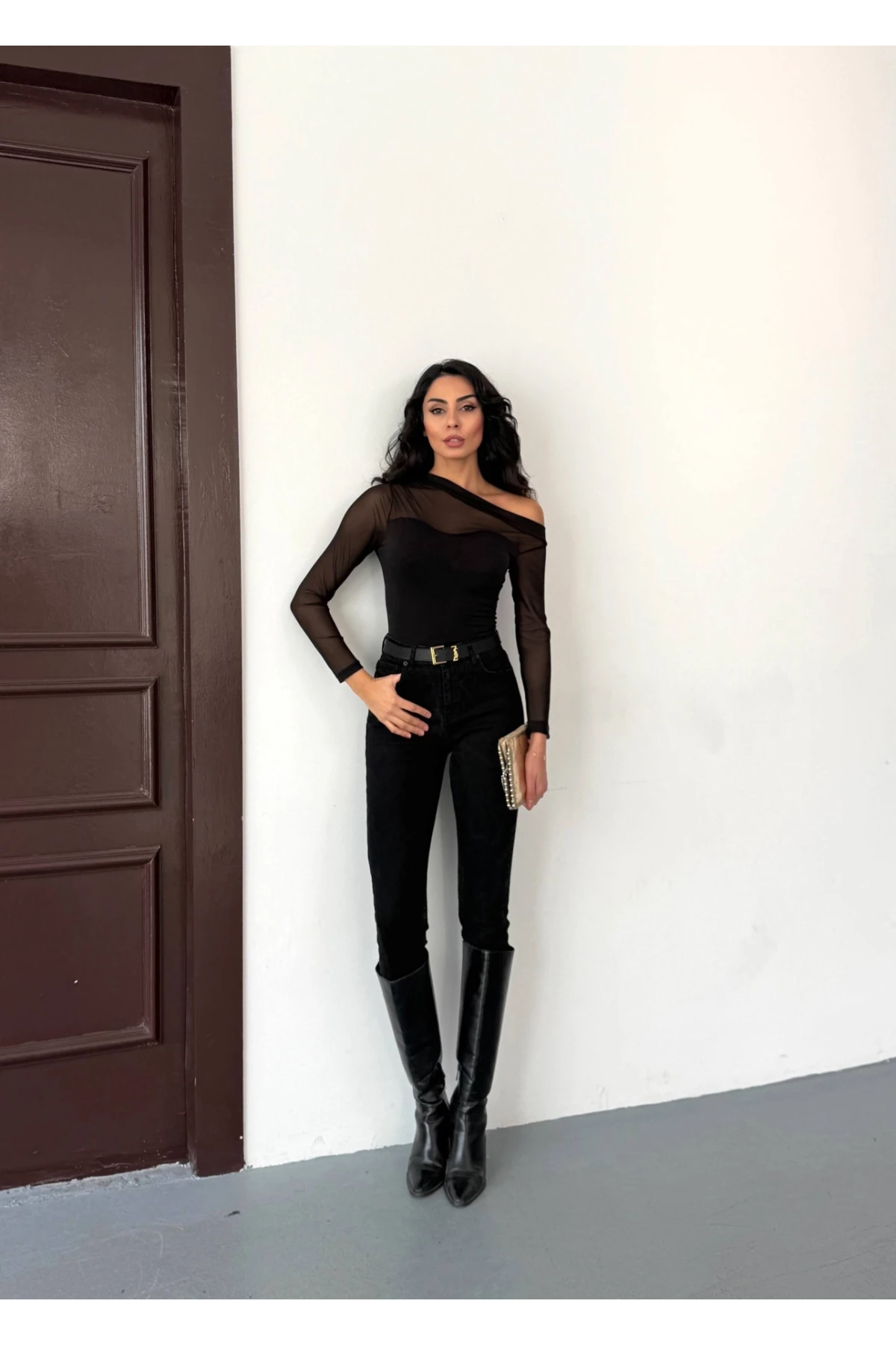 Sandy Kumaş Tül Detay Bluz Siyah