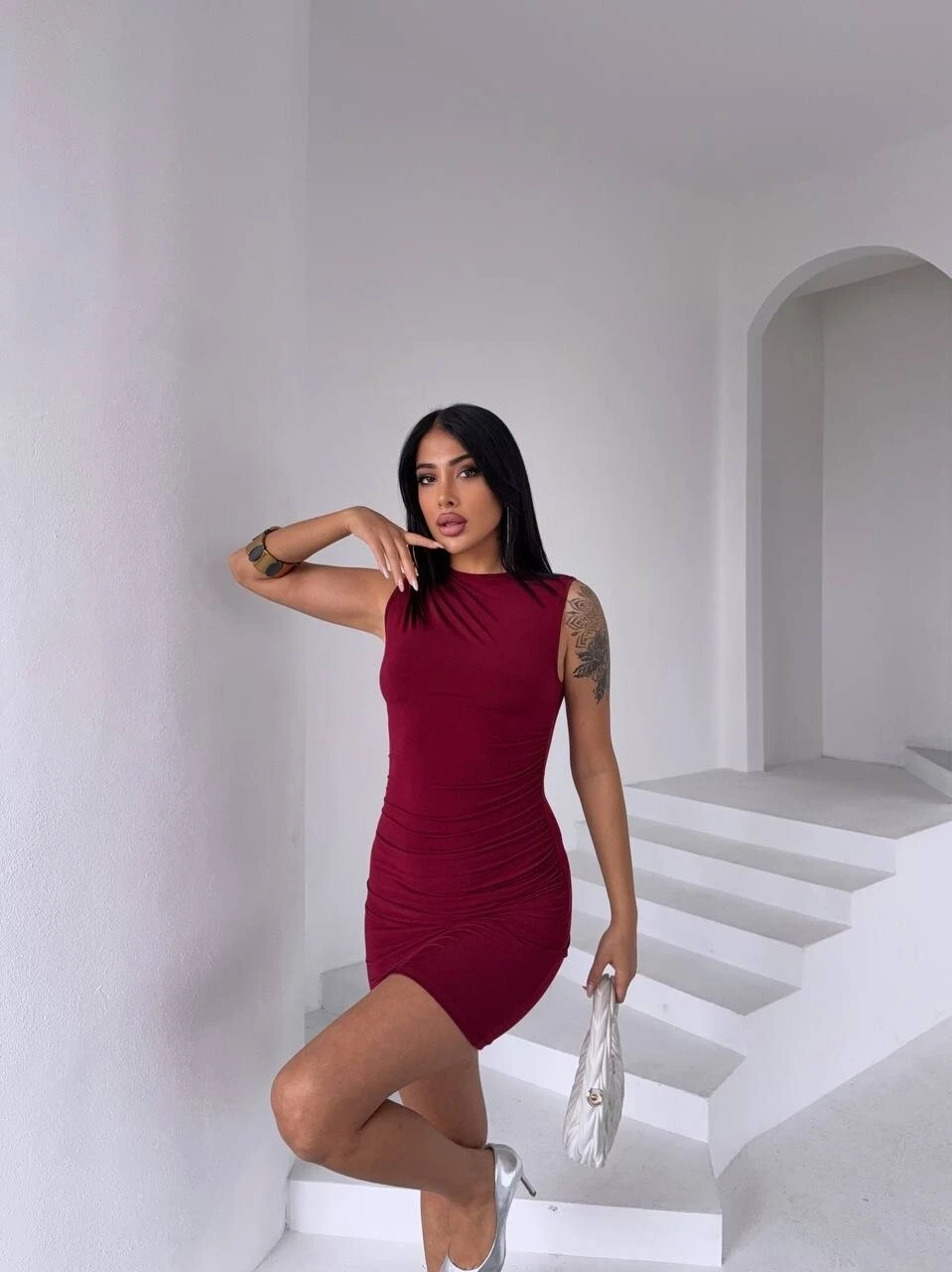 Sandy Kumaş Yaka Detay Elbise bordo