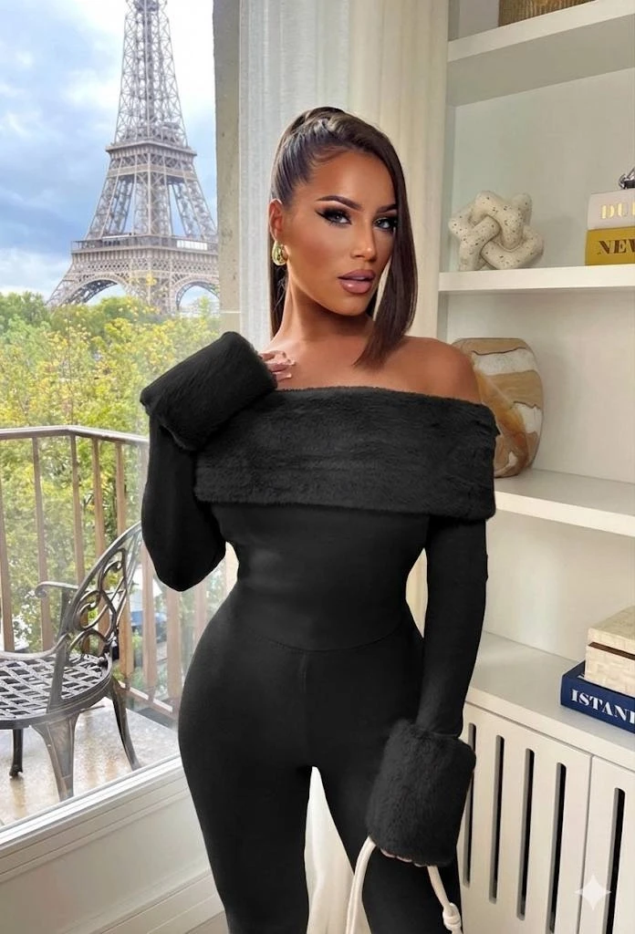 Selanik Kumaş Kürk Detay Maxi Boy Tulum Siyah