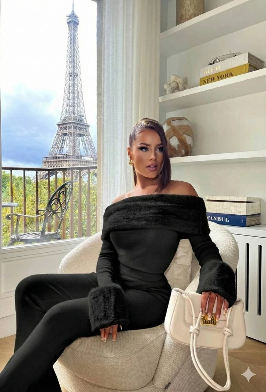 Selanik Kumaş Kürk Detay Maxi Boy Tulum Siyah