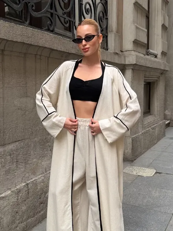 Siyah Çizgi Detaylı Kimono Pantalon Takım