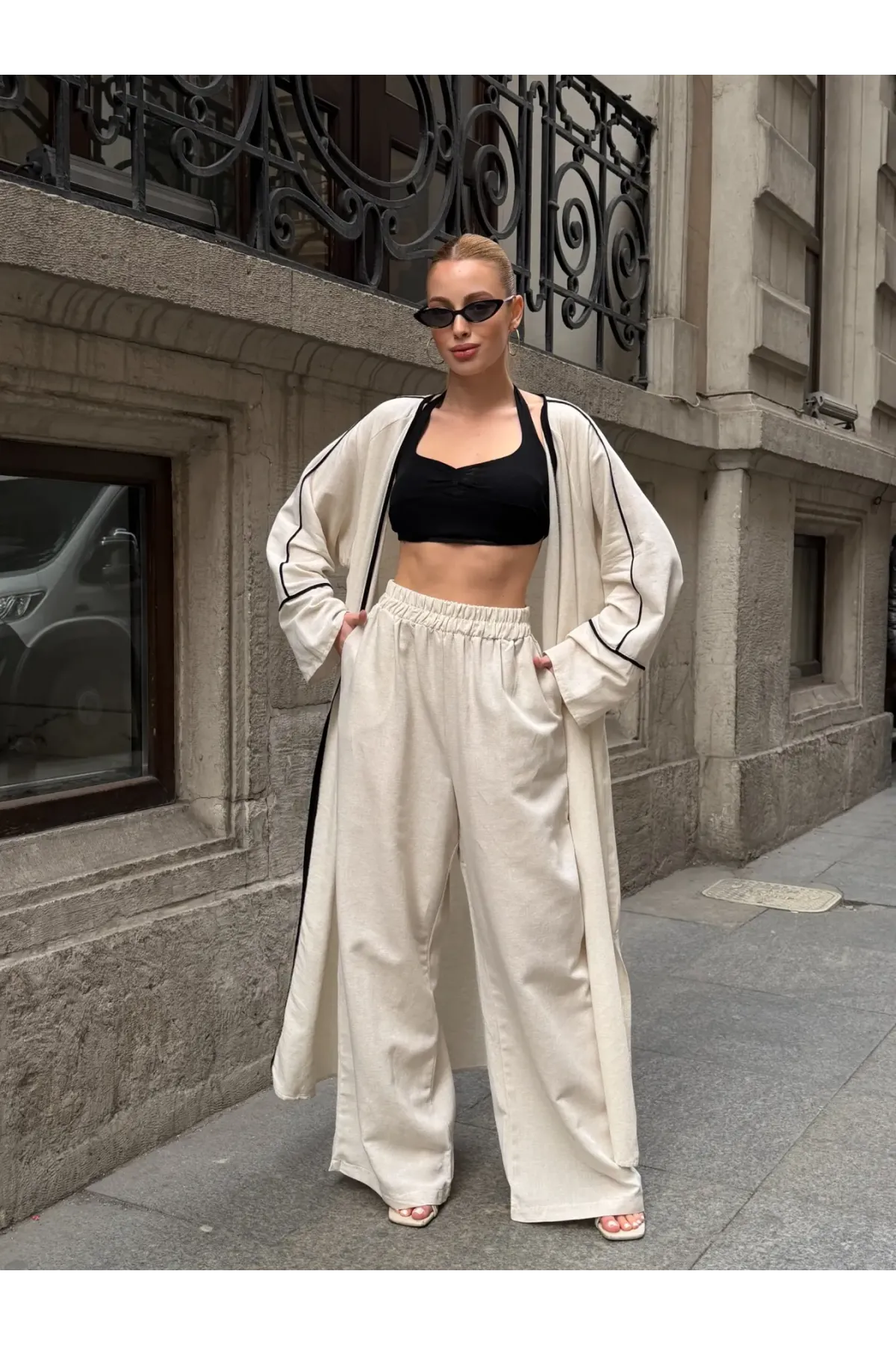 Siyah Çizgi Detaylı Kimono Pantalon Takım