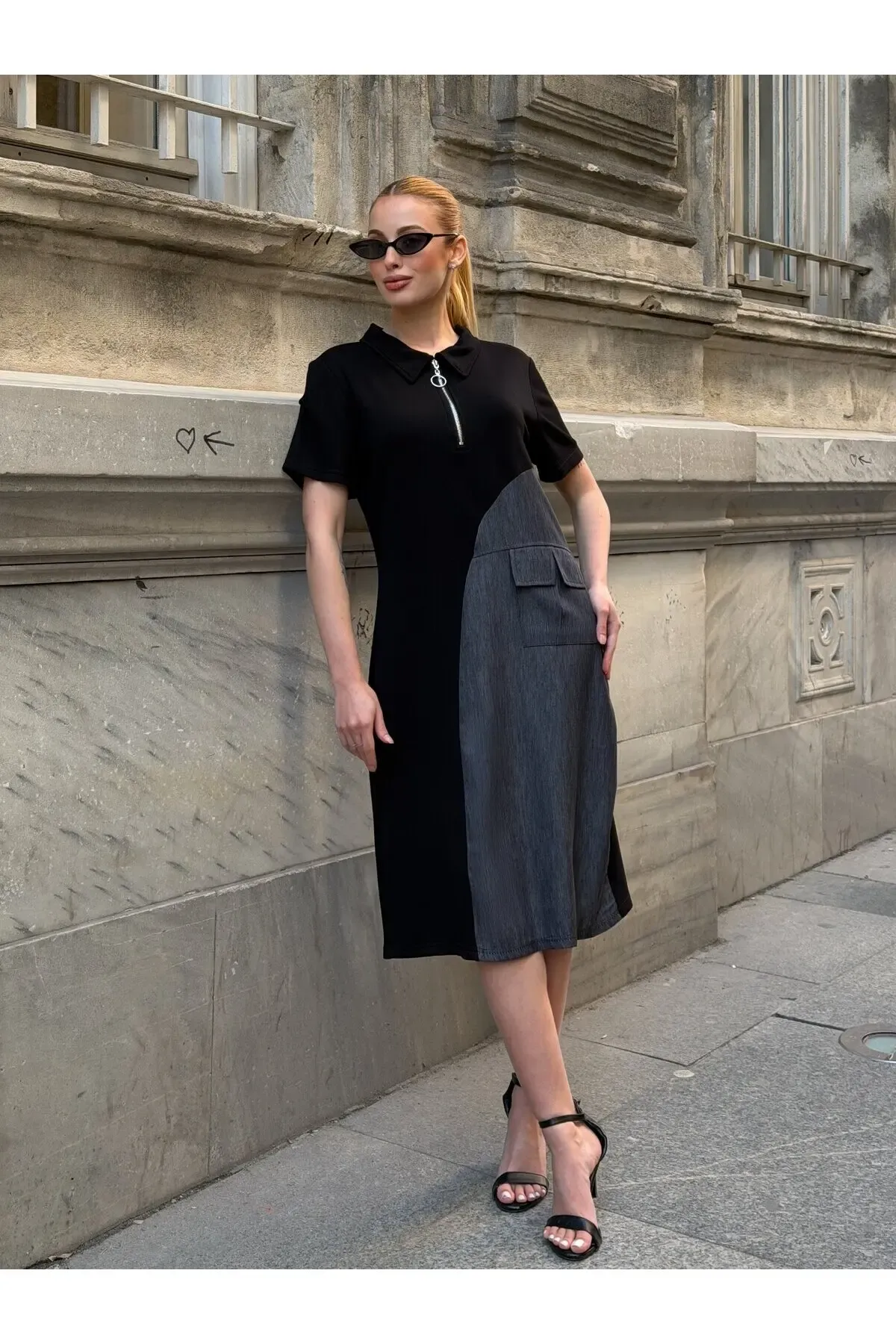 Siyah Fermuar Detay Modal ve Tensel Kumaş Elbise