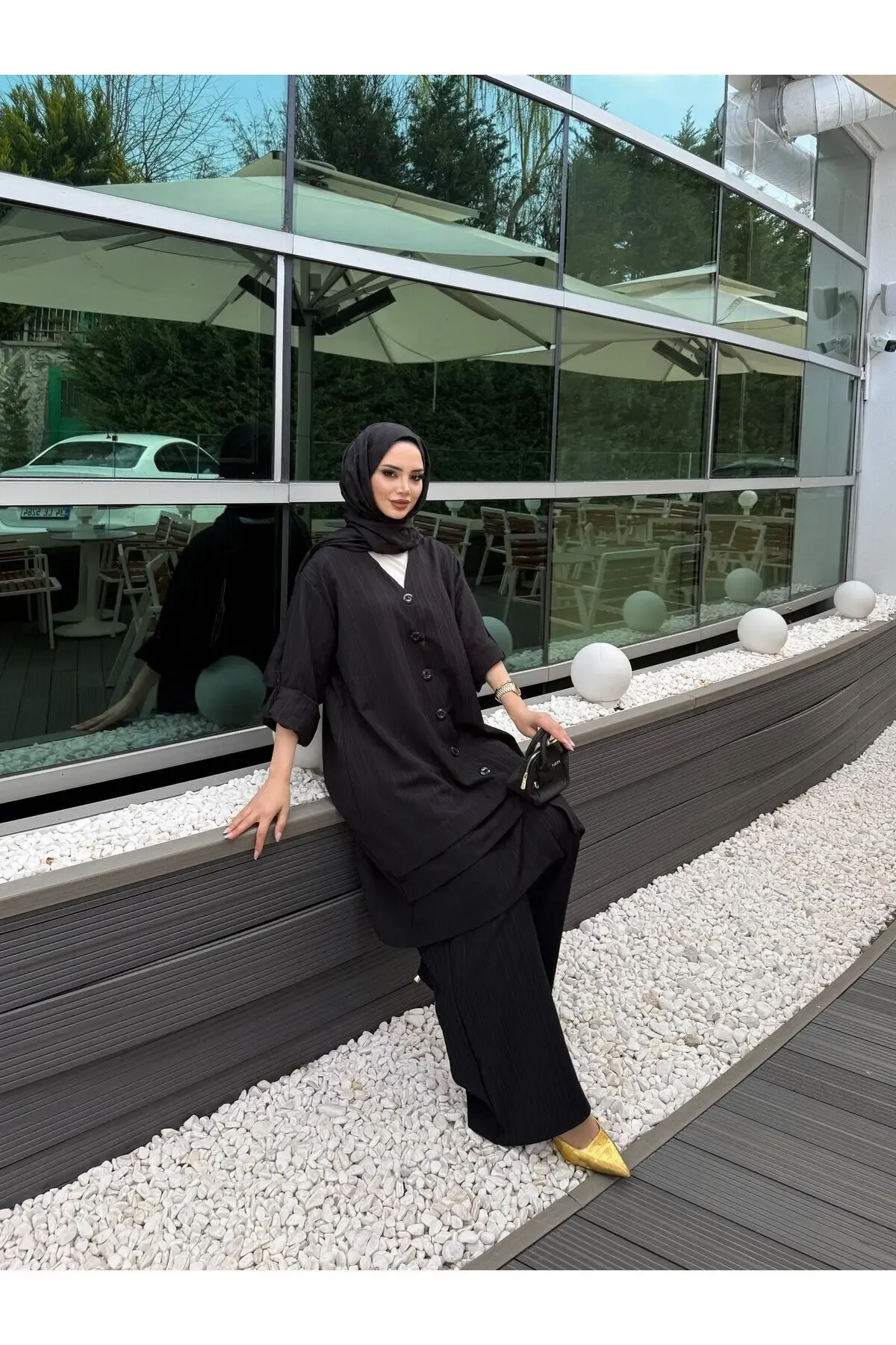 Siyah Keten Gömlek Alt Üst Takım