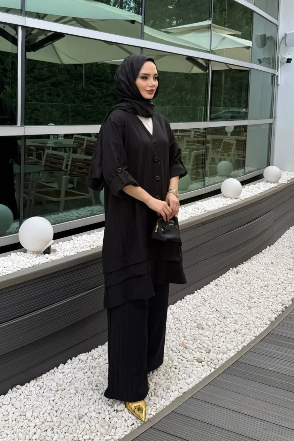 Siyah Keten Gömlek Alt Üst Takım