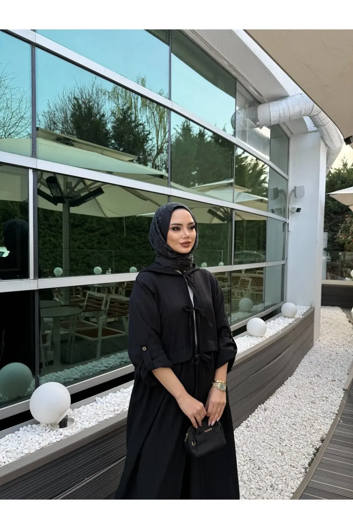 Siyah Önden Bağlamalı Keten Takım