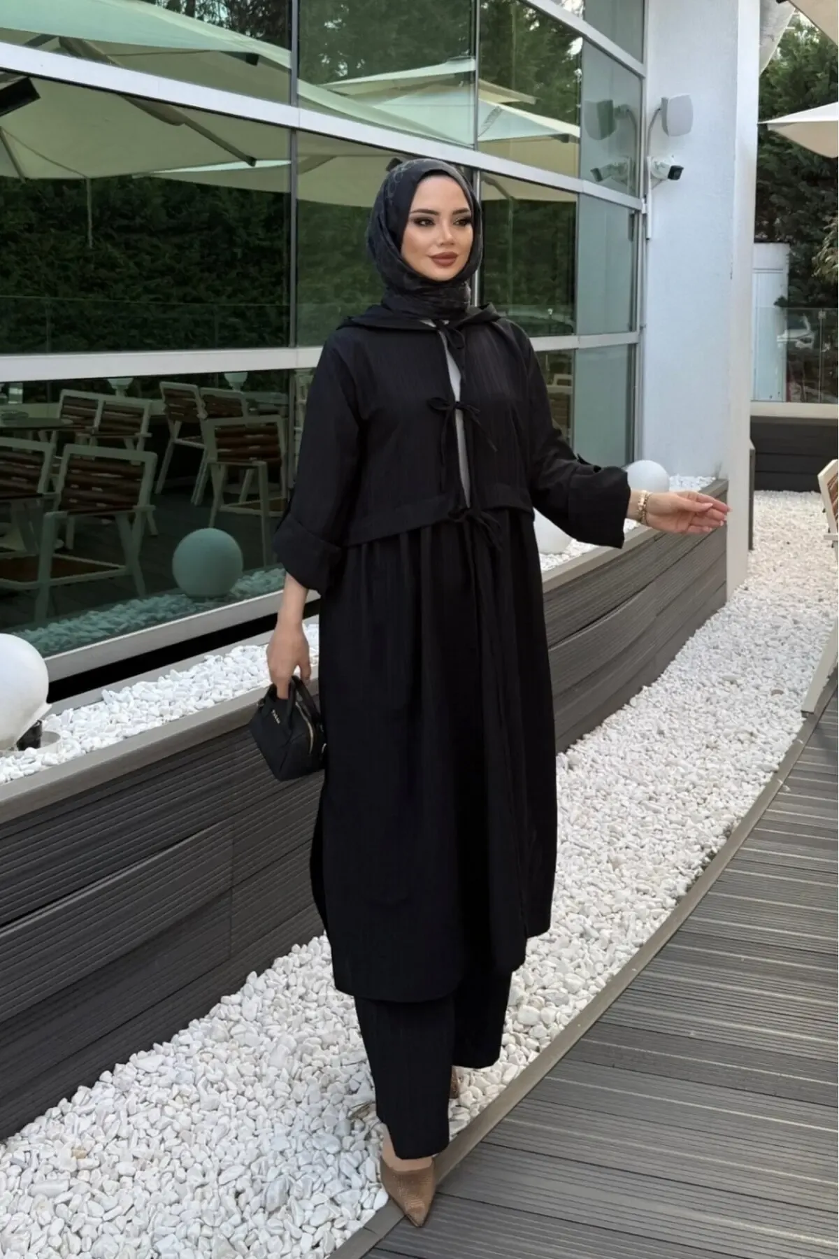 Siyah Önden Bağlamalı Keten Takım