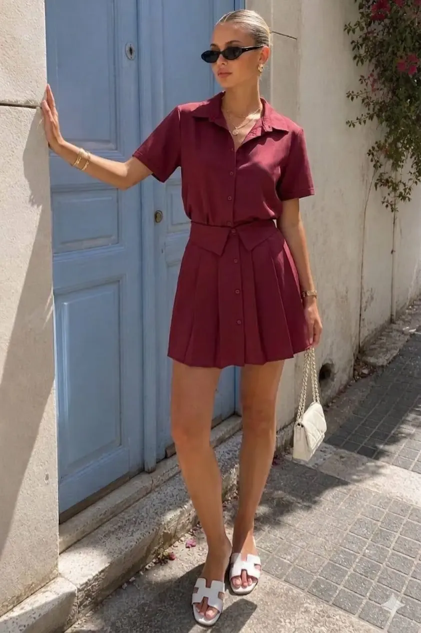 Şort Astarlı Etek ve Gömlek Alt Üst Takım Bordo