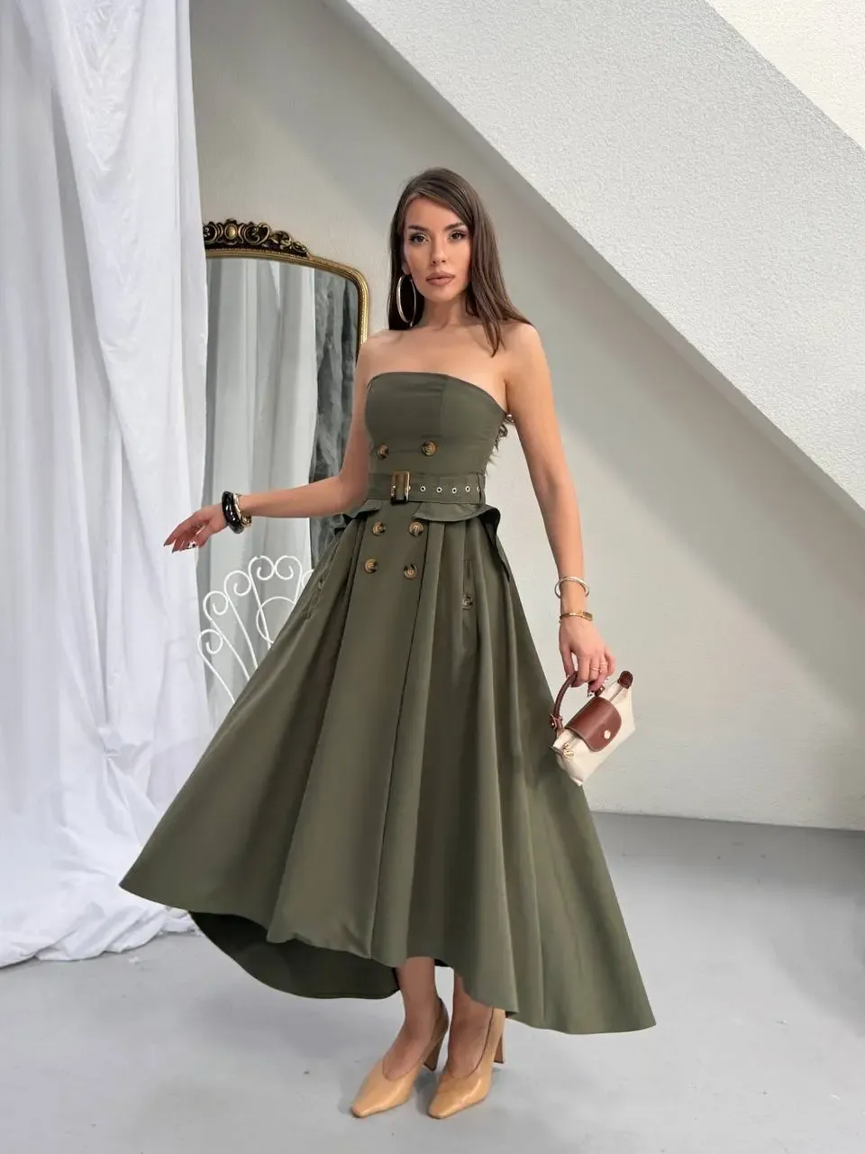 Straplez Bel Kemer Detay Elbise Haki